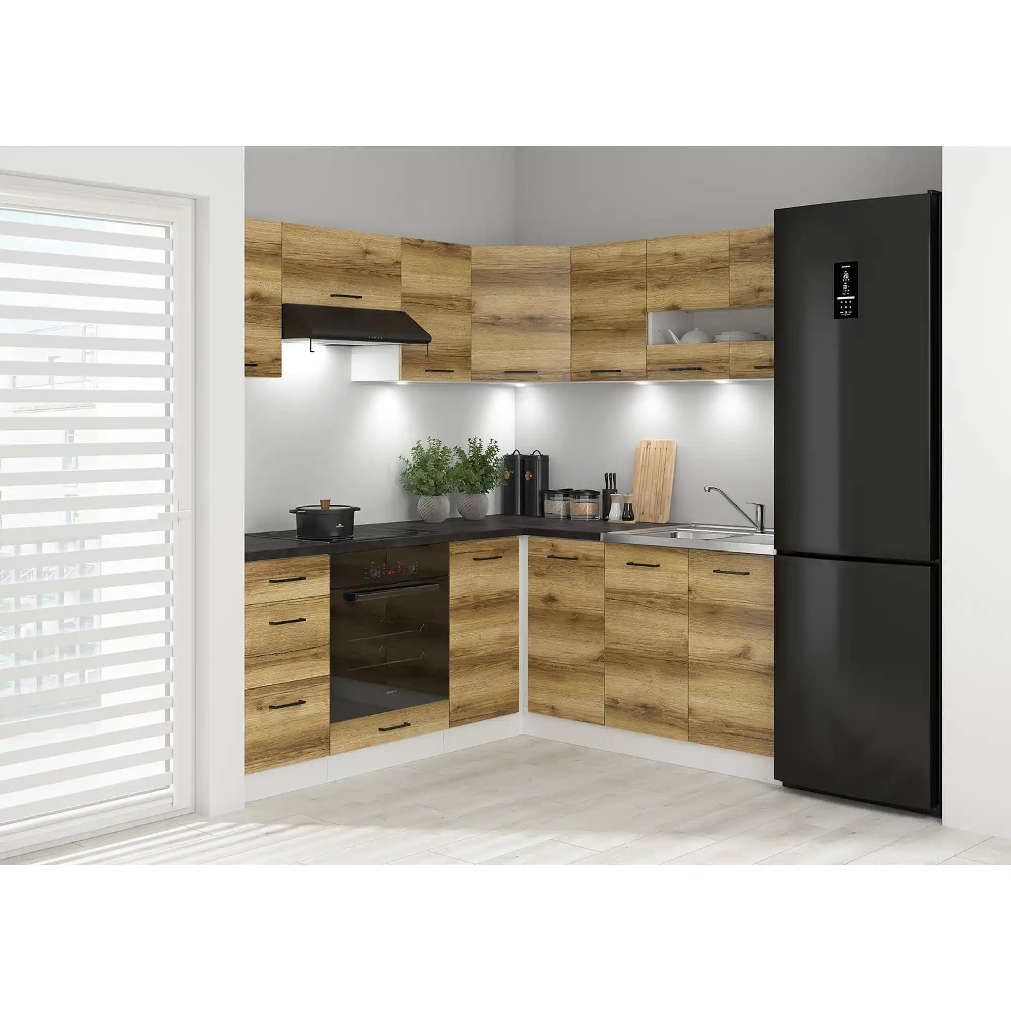 Set bucatarie JUNONA LINE, stejar delano/alb, PAL, 180x200 cm, cu blat negru