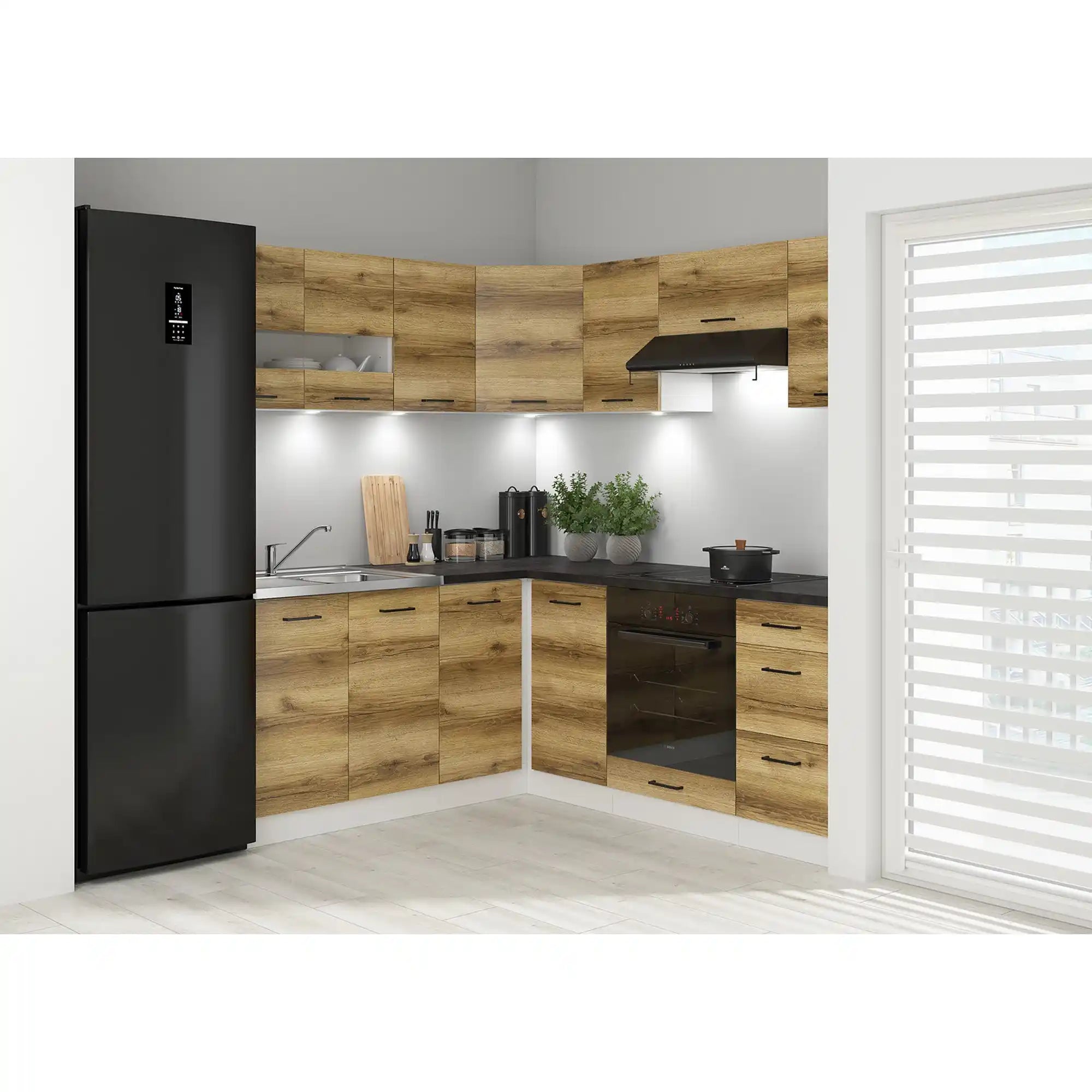 Set bucatarie JUNONA LINE, stejar delano/alb, PAL, 180x200 cm, cu blat negru