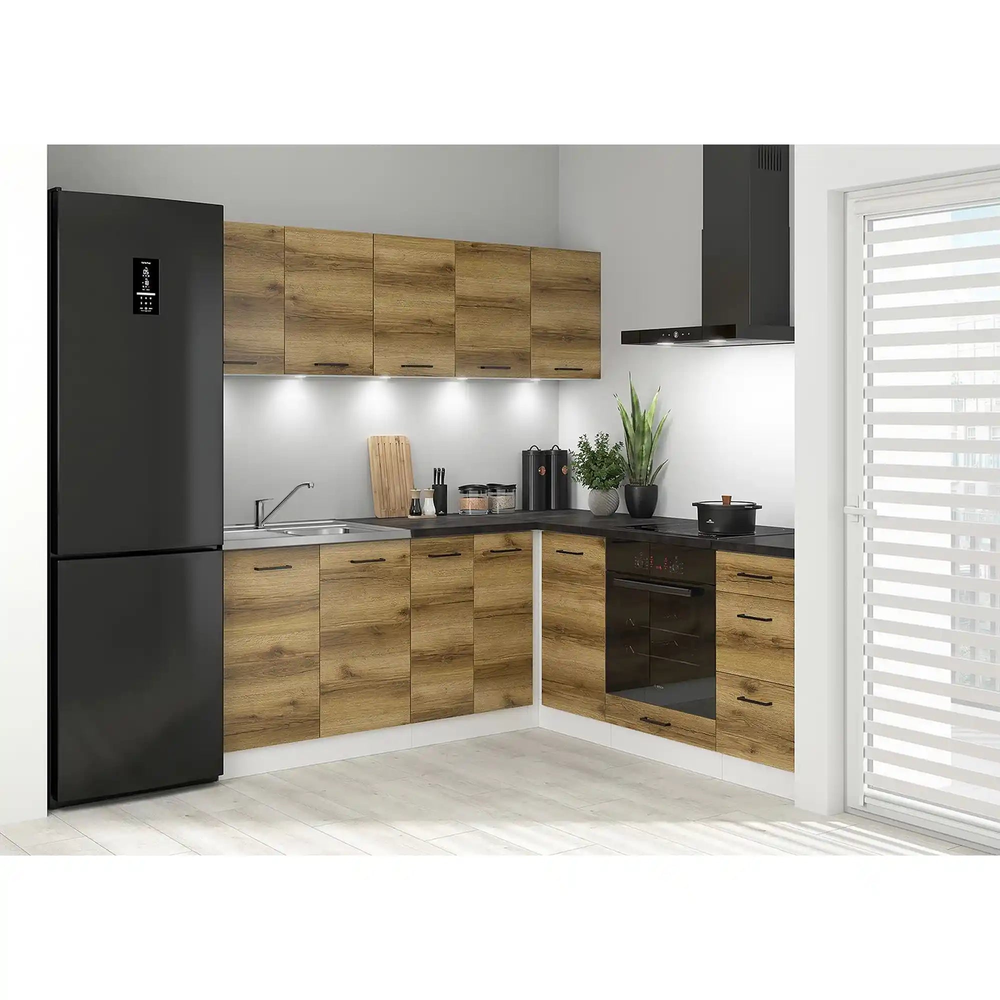 Set bucatarie JUNONA LINE, stejar delano/alb, PAL, 200x200 cm, cu blat negru