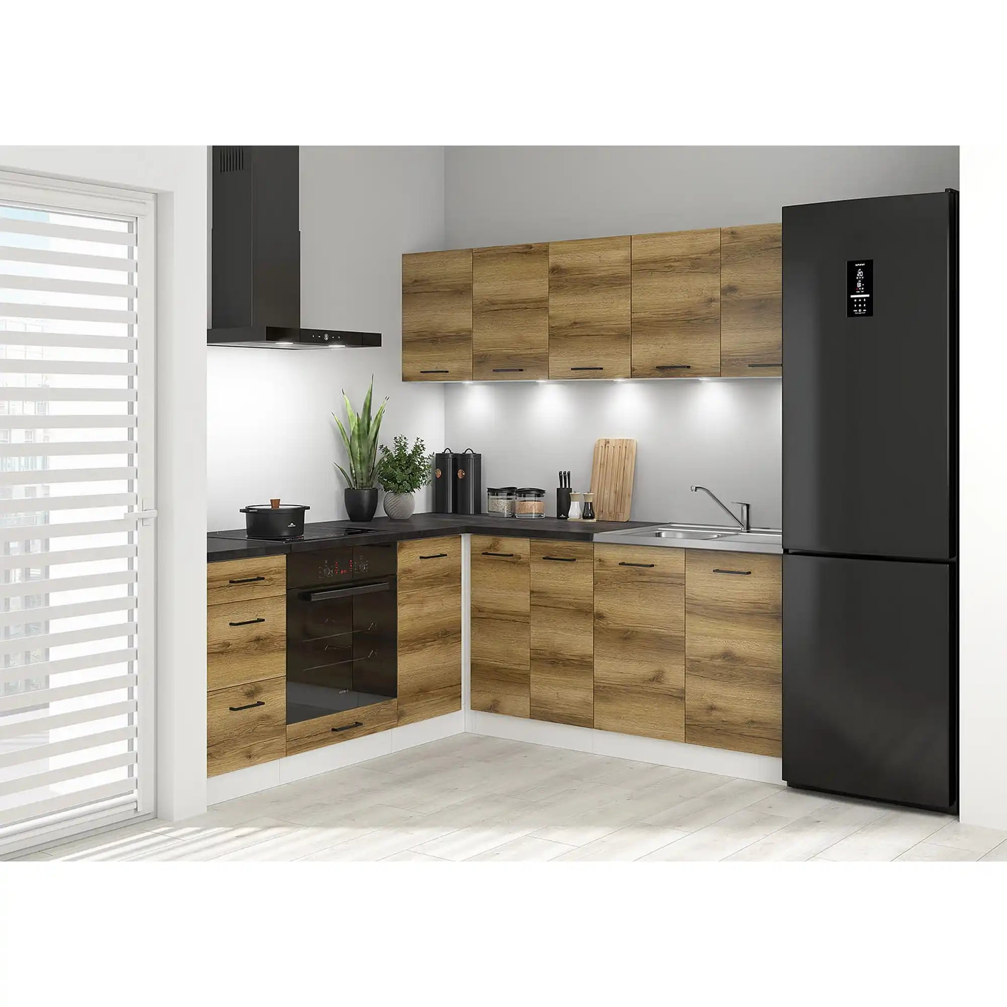 Set bucatarie JUNONA LINE, stejar delano/alb, PAL, 200x200 cm, cu blat negru