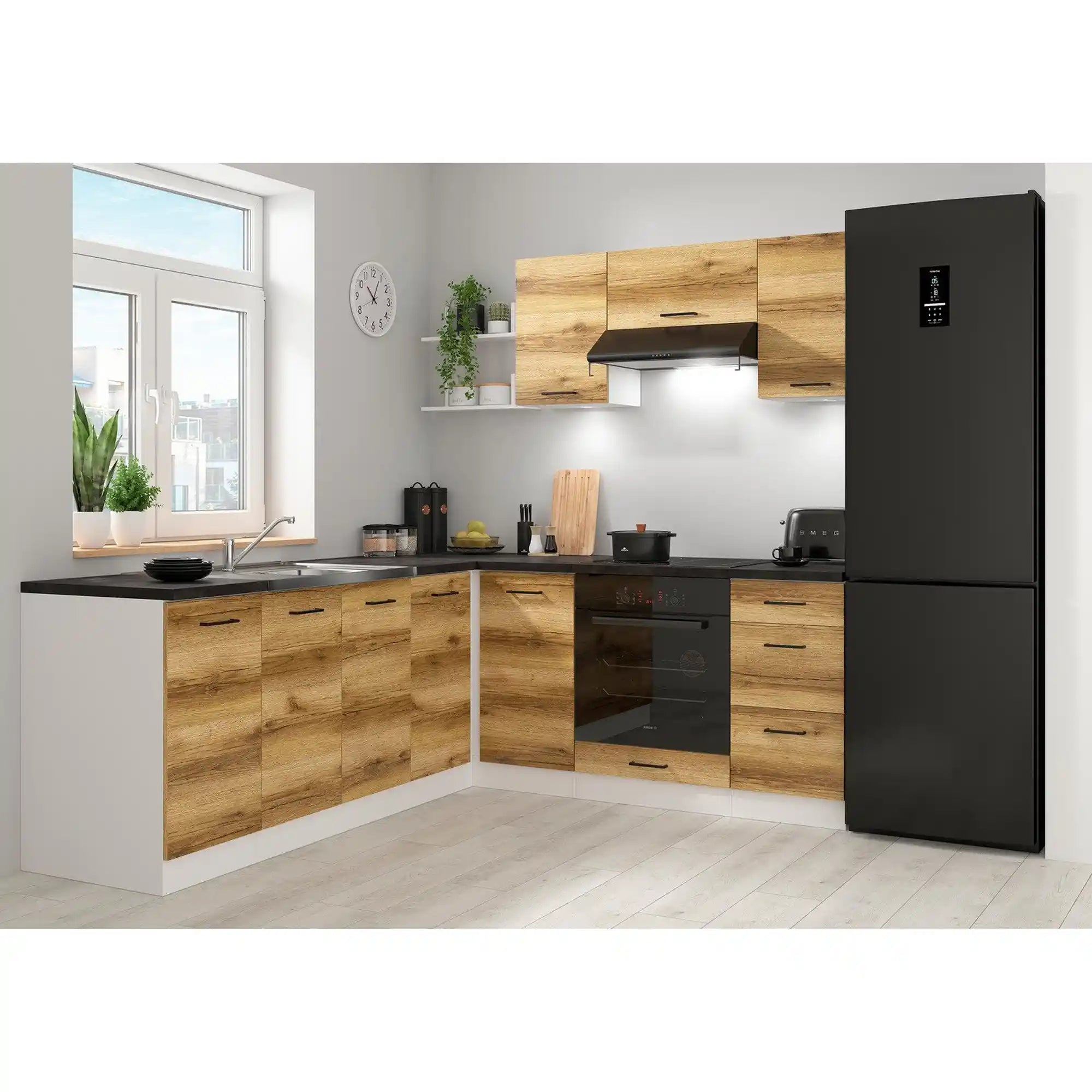 Set bucatarie JUNONA LINE, stejar delano/alb, PAL, 200x220 cm, cu blat negru