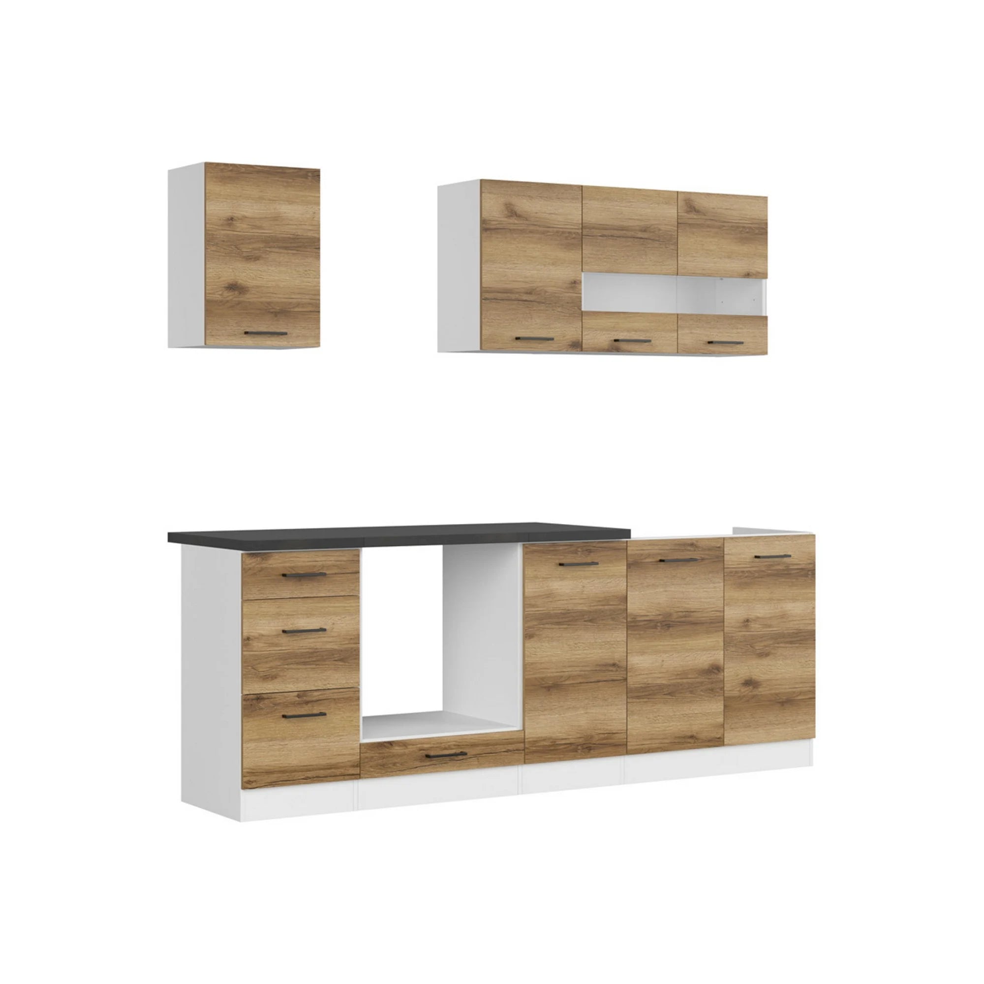 Set bucatarie JUNONA LINE, stejar delano/alb, PAL, 220 cm, cu blat negru