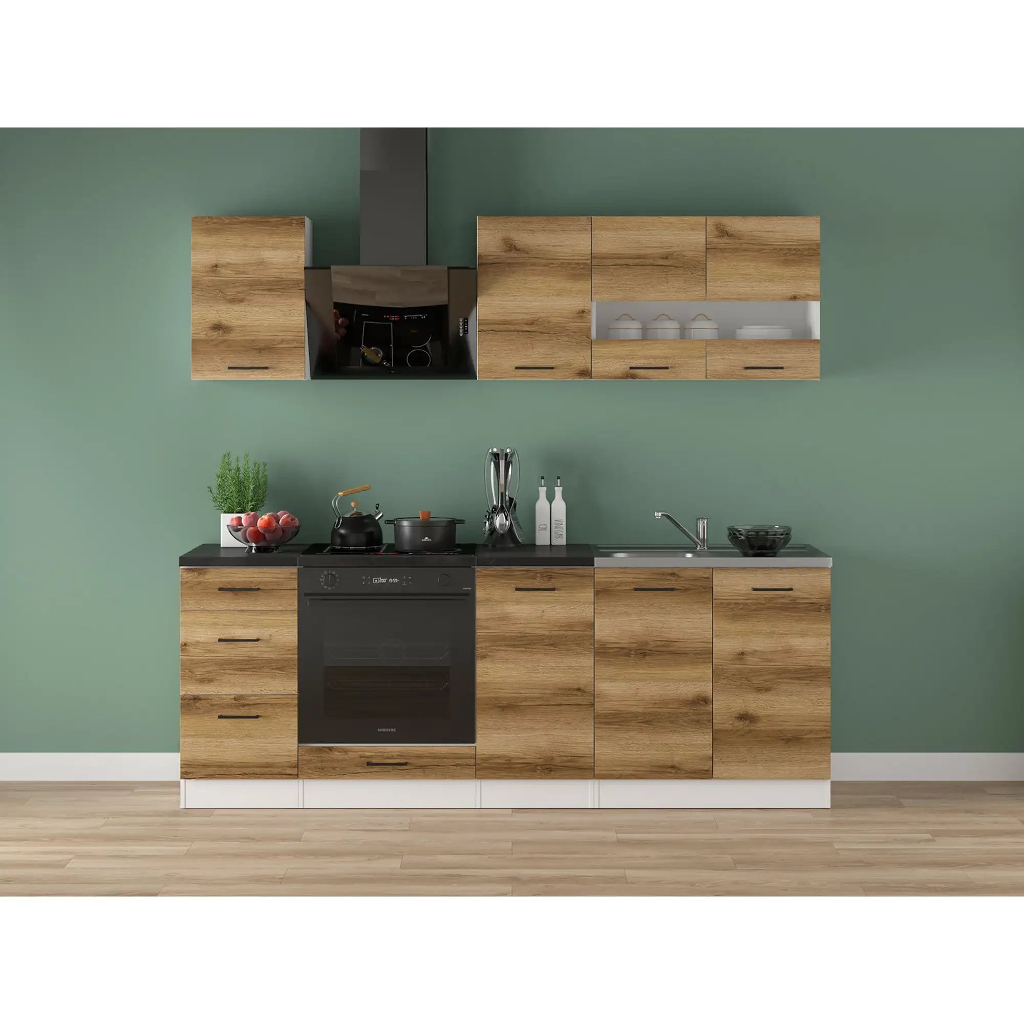 Set bucatarie JUNONA LINE, stejar delano/alb, PAL, 220 cm, cu blat negru