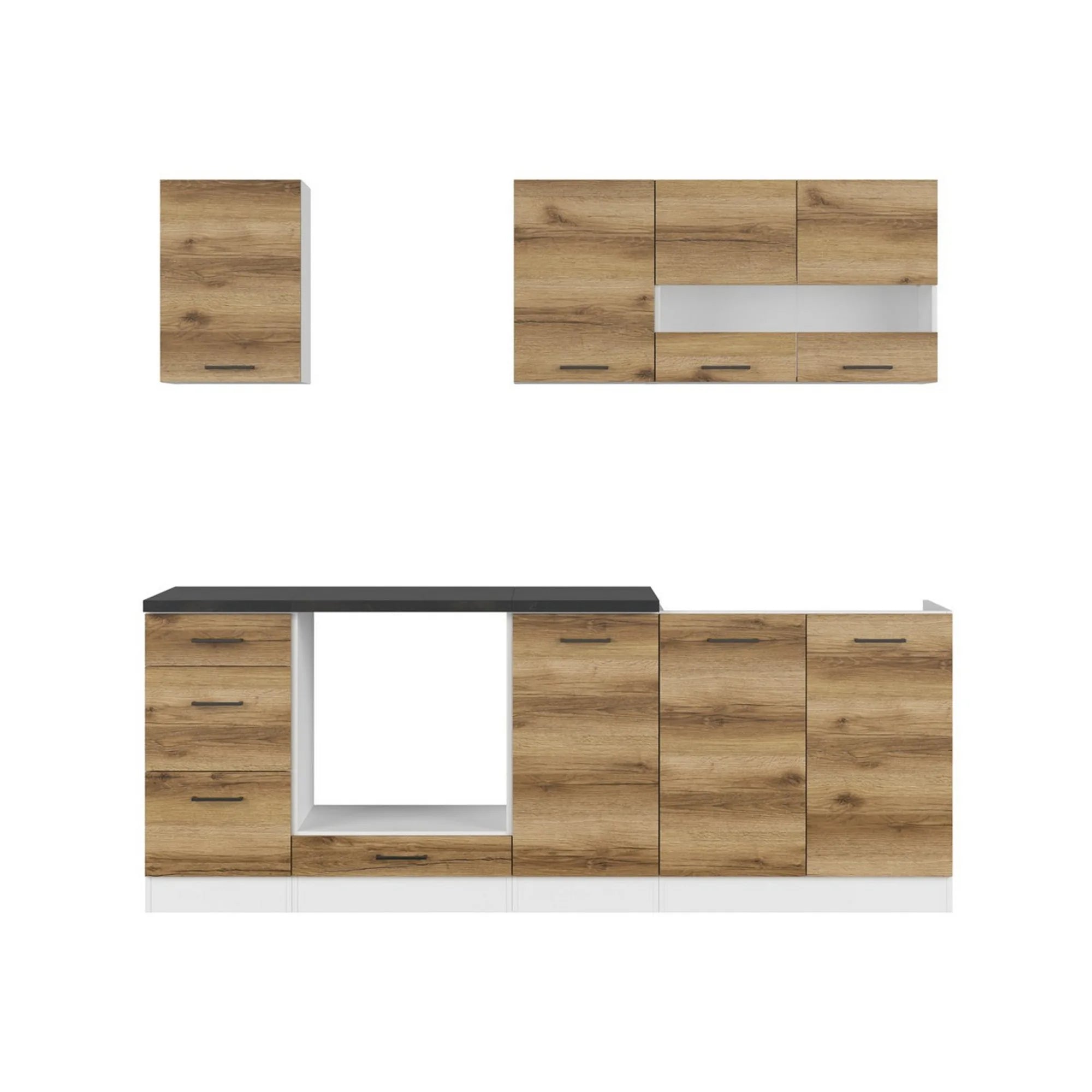 Set bucatarie JUNONA LINE, stejar delano/alb, PAL, 220 cm, cu blat negru