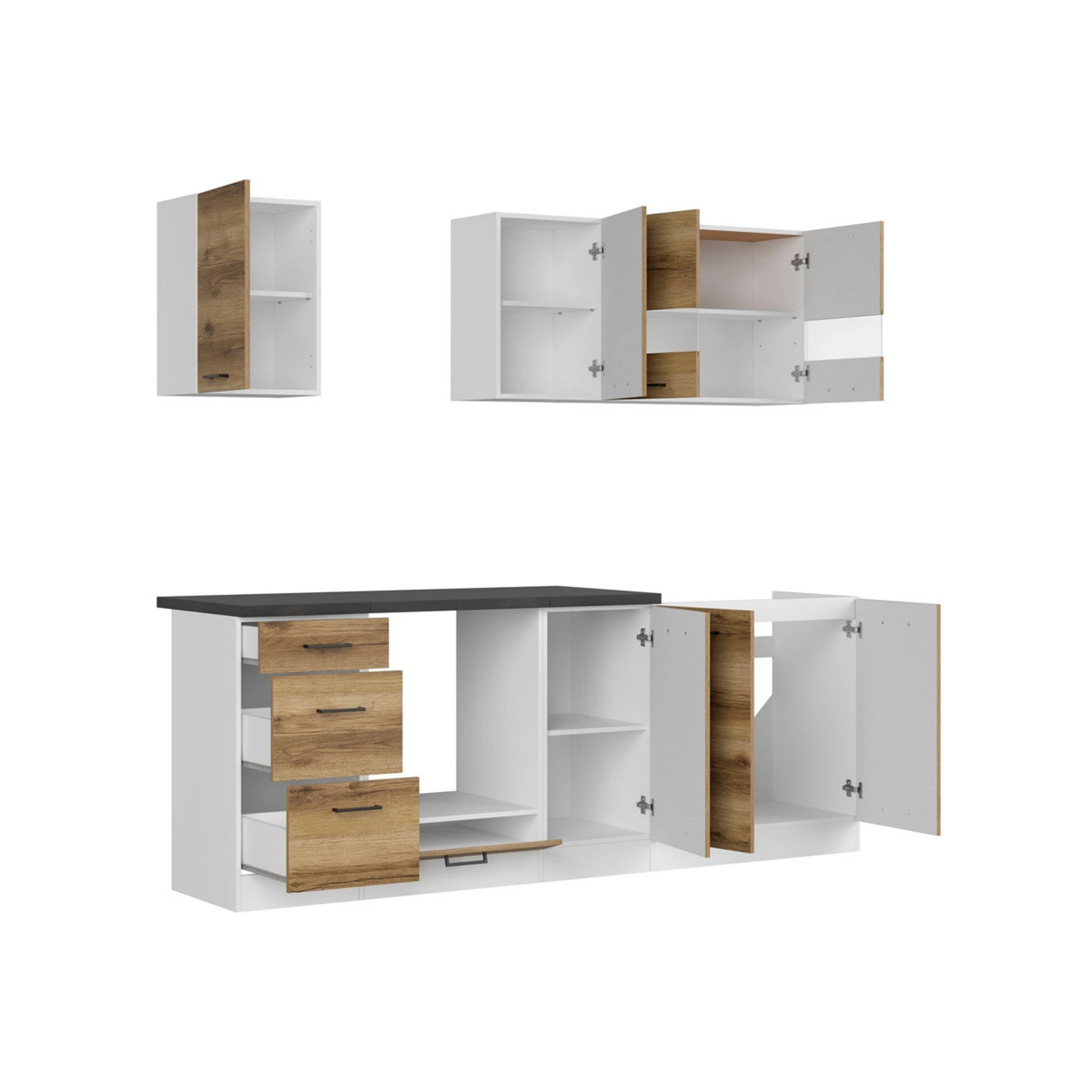 Set bucatarie JUNONA LINE, stejar delano/alb, PAL, 220 cm, cu blat negru