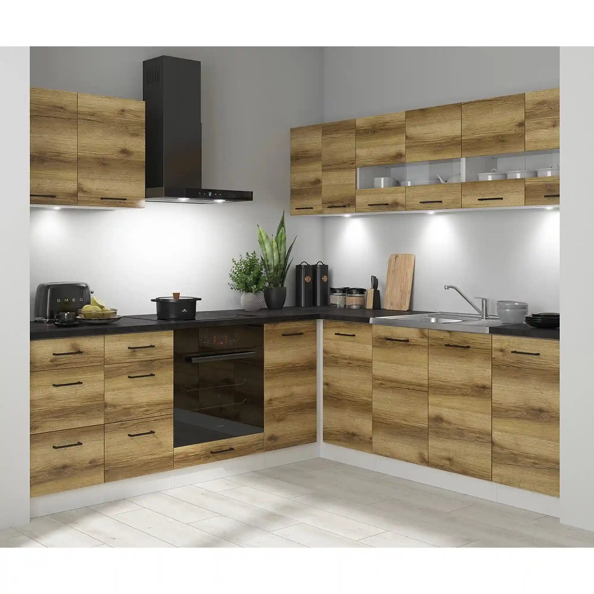 Set bucatarie JUNONA LINE, stejar delano/alb, PAL, 220x240 cm, cu blat negru