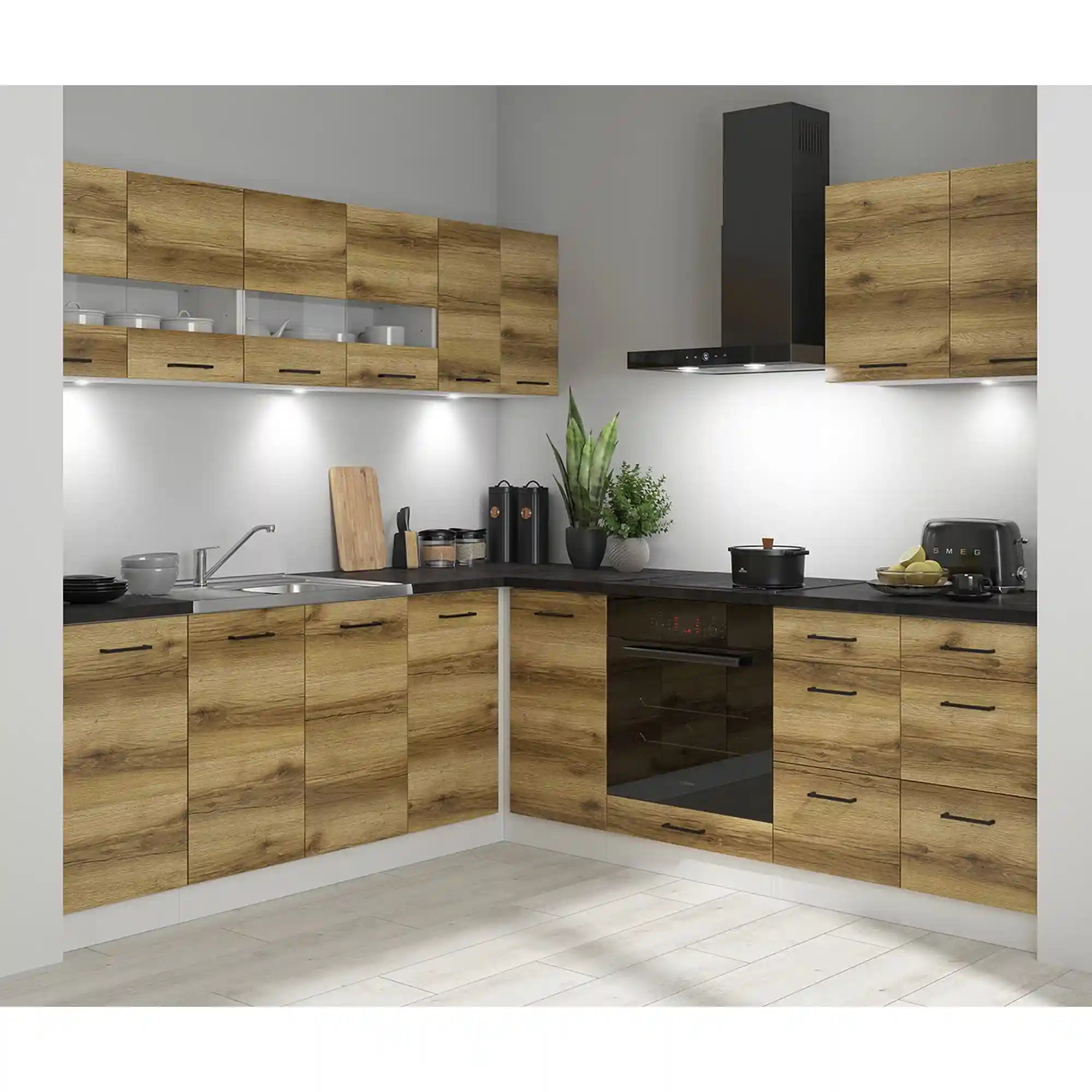 Set bucatarie JUNONA LINE, stejar delano/alb, PAL, 220x240 cm, cu blat negru