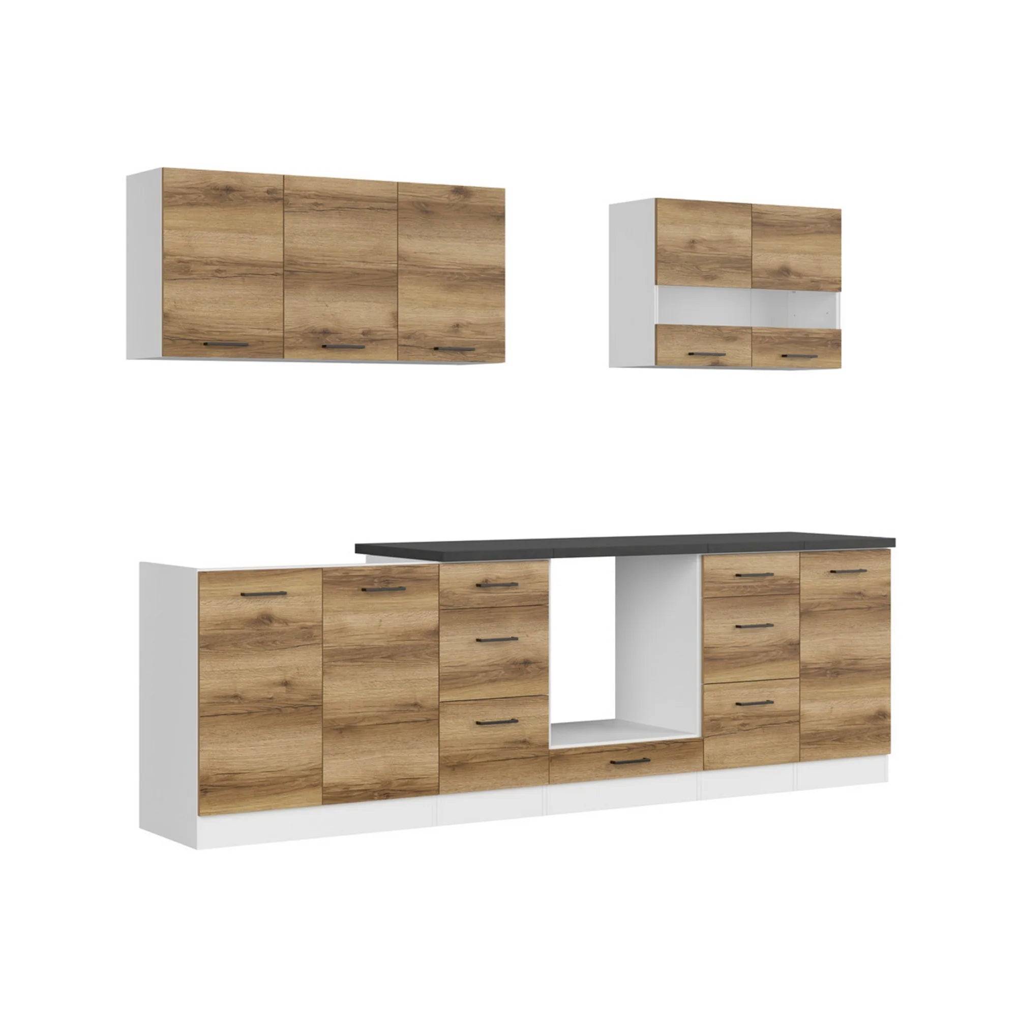 Set bucatarie JUNONA LINE, stejar delano/alb, PAL, 260 cm, cu blat negru