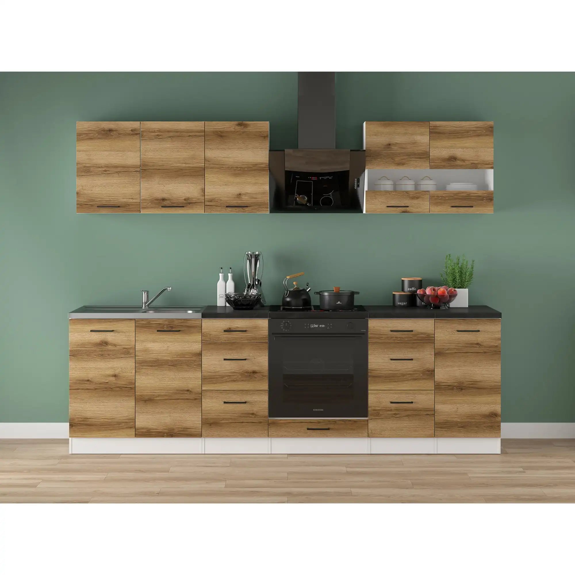 Set bucatarie JUNONA LINE, stejar delano/alb, PAL, 260 cm, cu blat negru