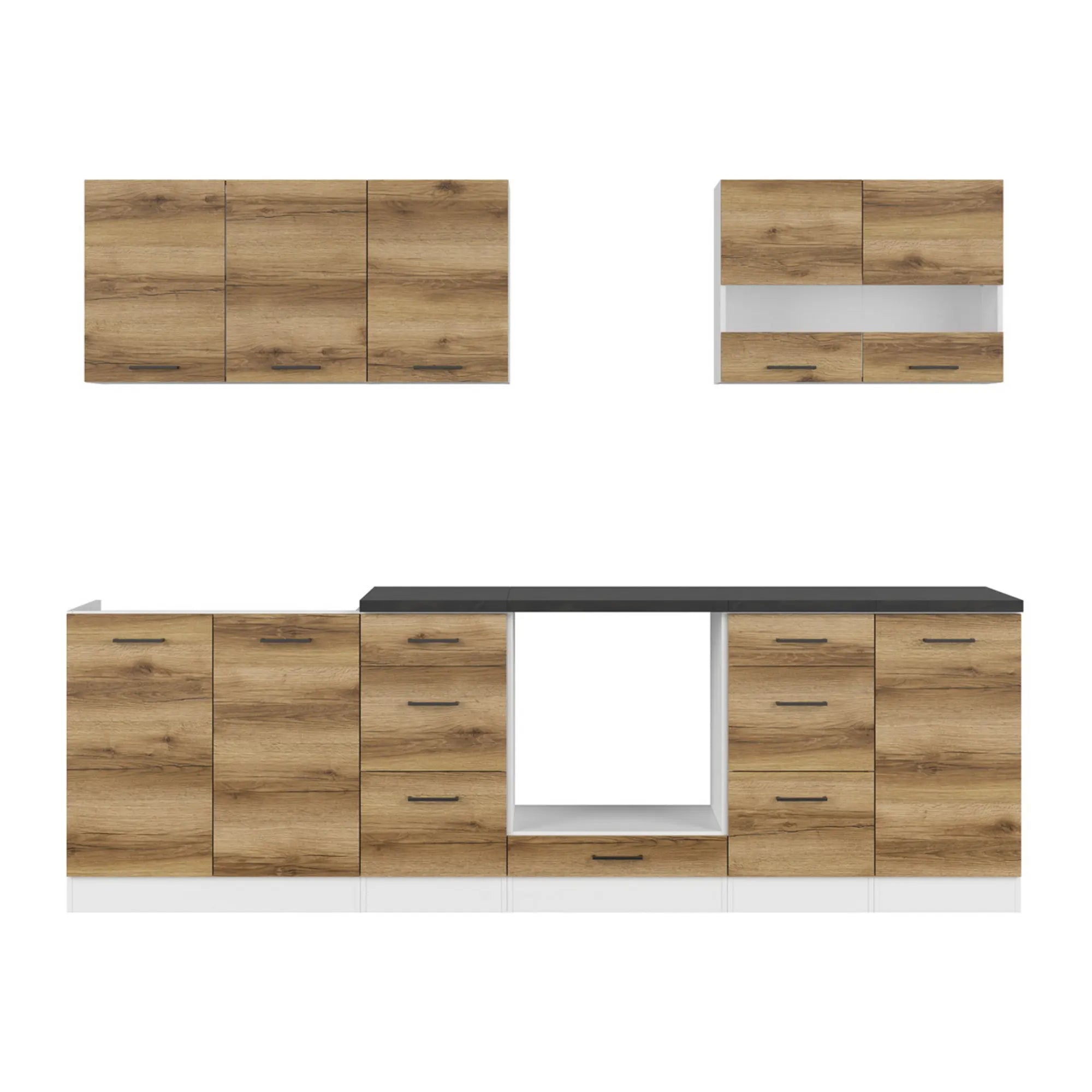 Set bucatarie JUNONA LINE, stejar delano/alb, PAL, 260 cm, cu blat negru