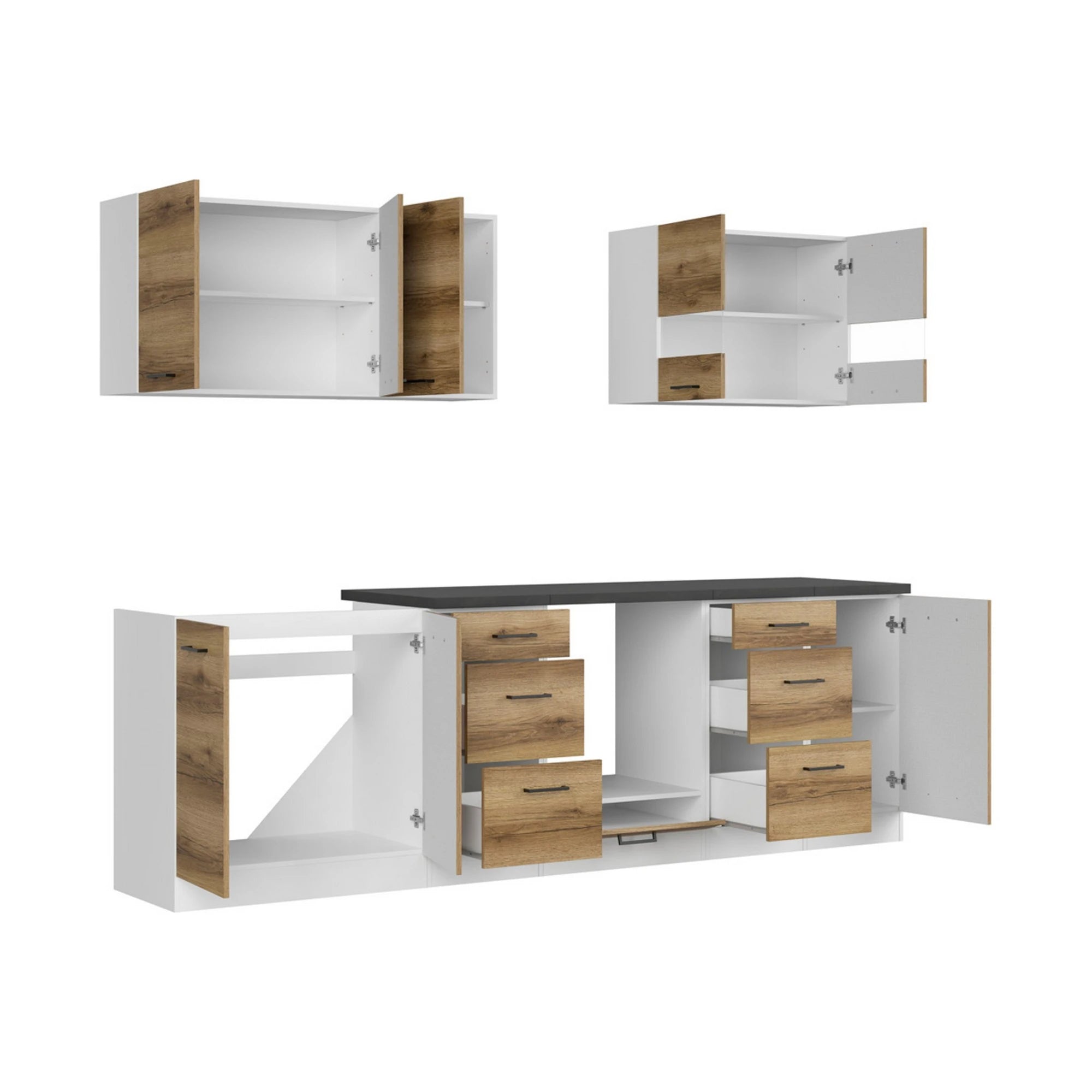 Set bucatarie JUNONA LINE, stejar delano/alb, PAL, 260 cm, cu blat negru