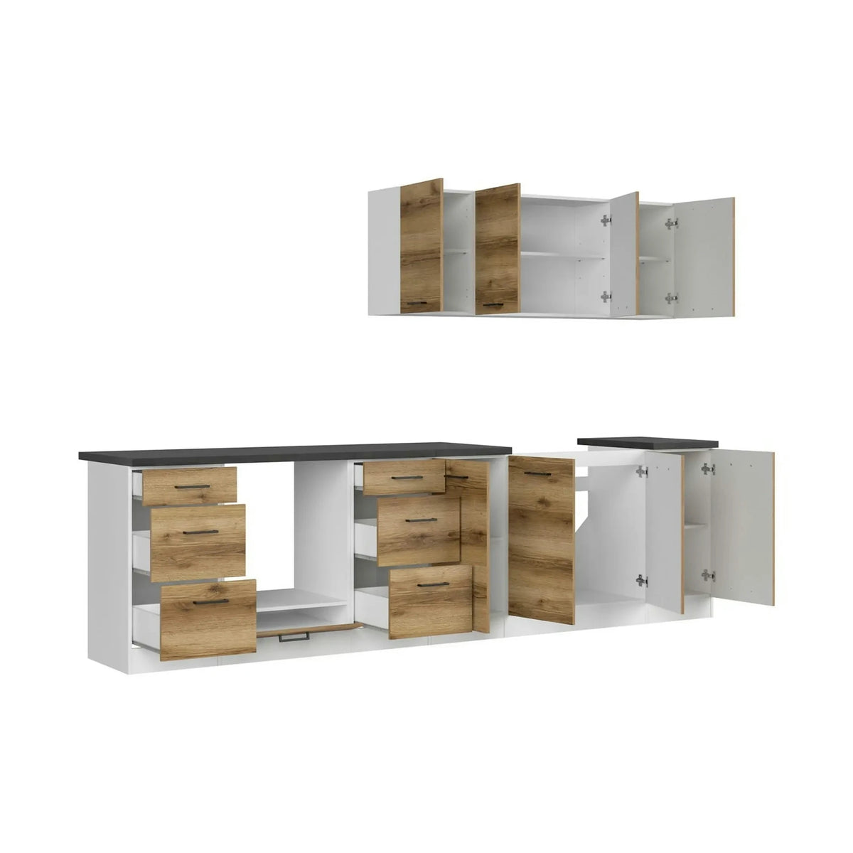 Set bucatarie JUNONA LINE, stejar delano/alb, PAL, 300 cm, cu blat negru