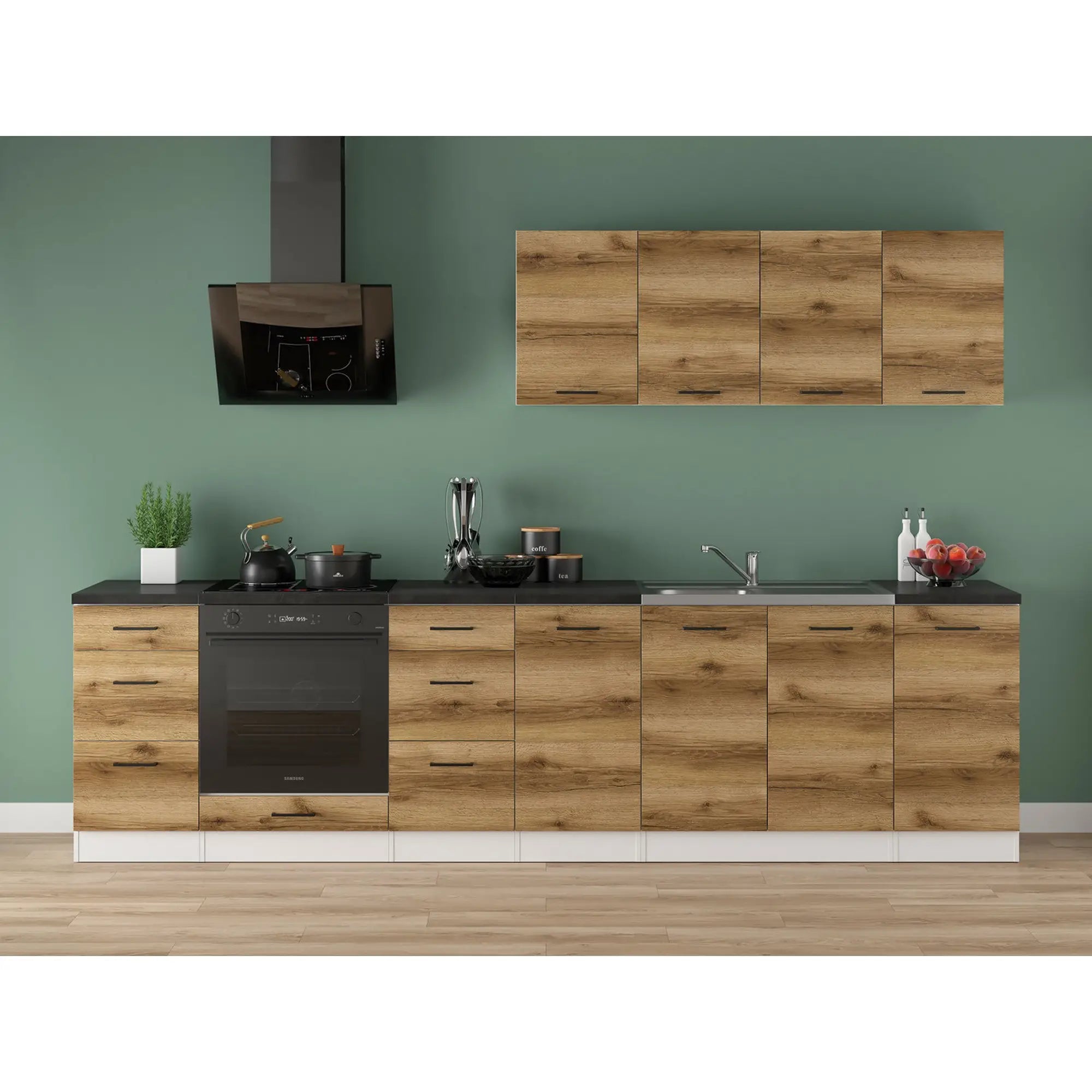 Set bucatarie JUNONA LINE, stejar delano/alb, PAL, 300 cm, cu blat negru