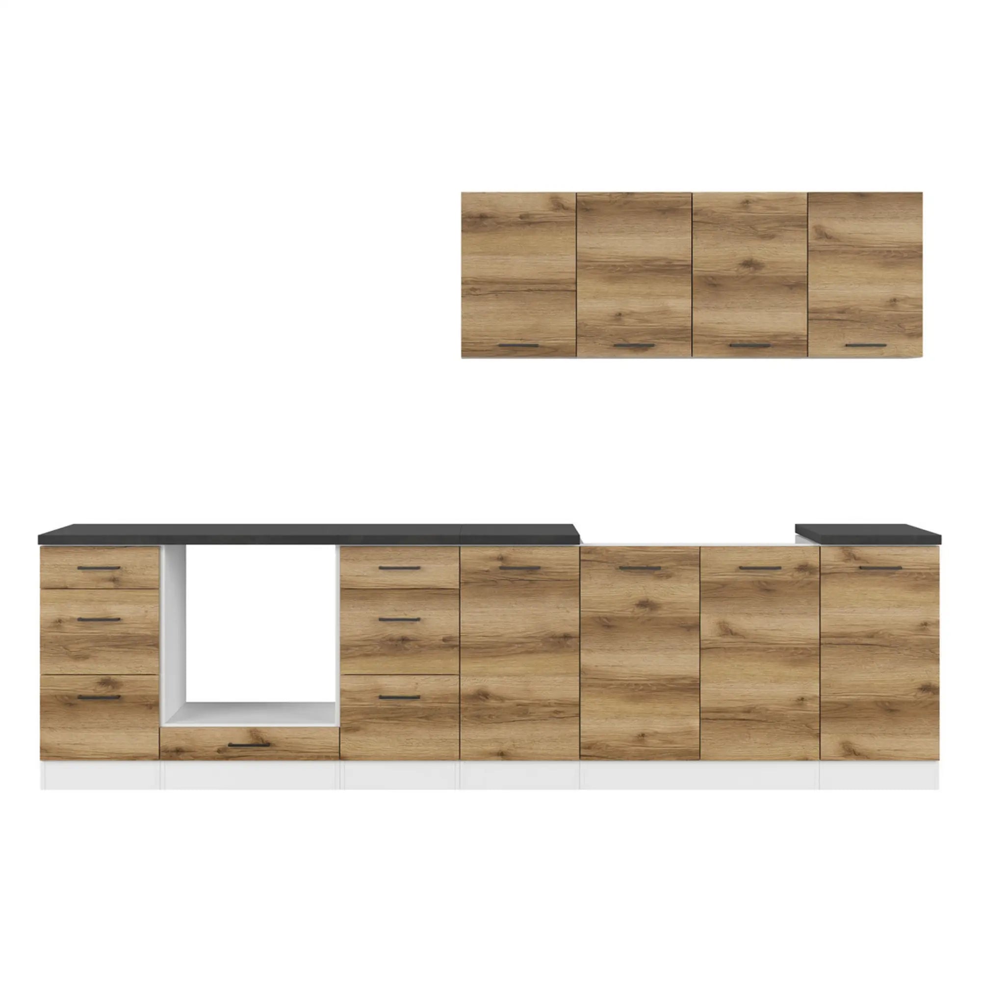 Set bucatarie JUNONA LINE, stejar delano/alb, PAL, 300 cm, cu blat negru