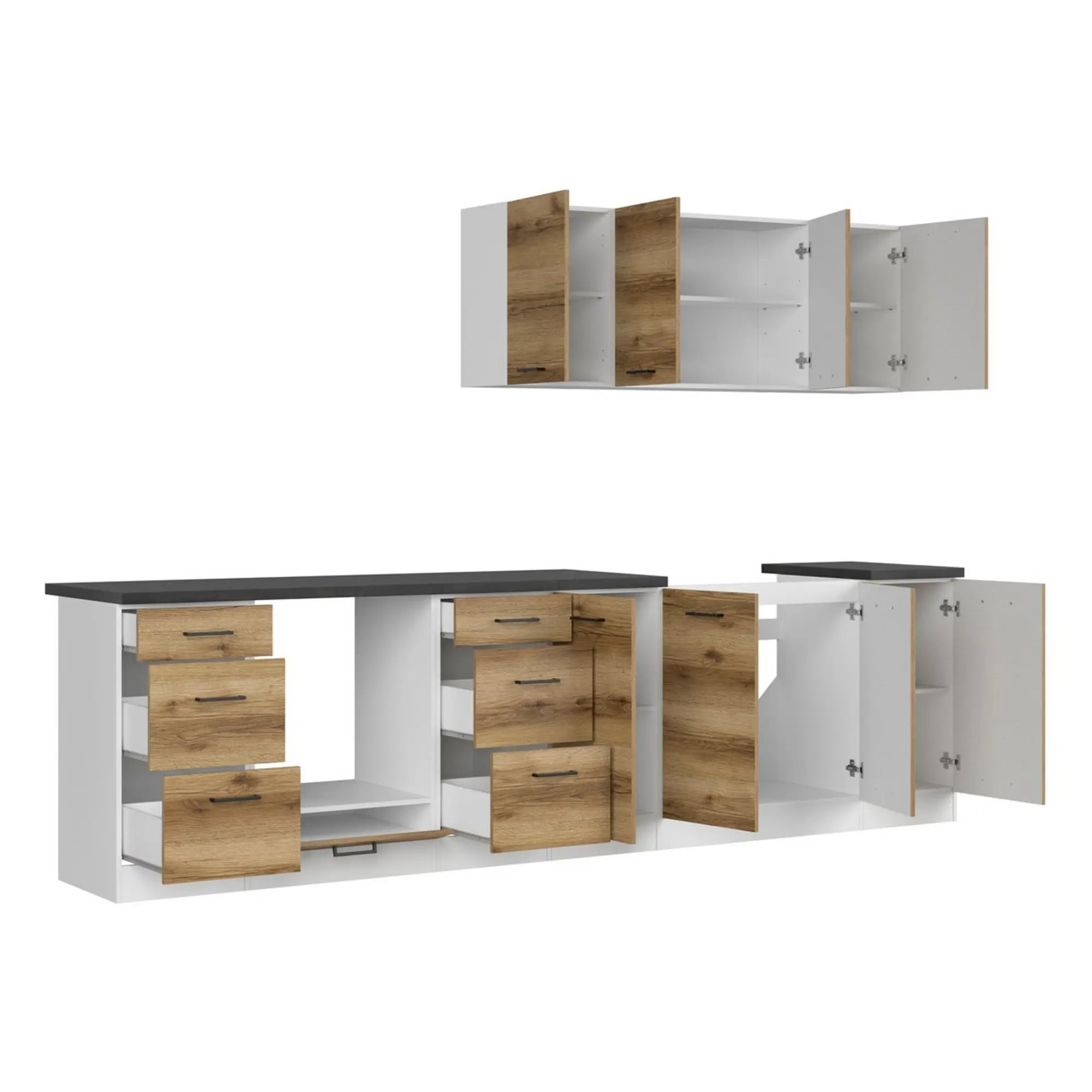 Set bucatarie JUNONA LINE, stejar delano/alb, PAL, 300 cm, cu blat negru