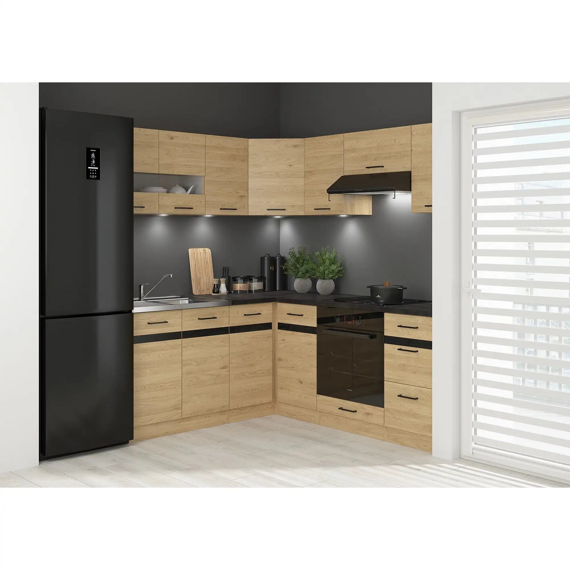 Set bucatarie JUNONA LINE, stejar, PAL, 180x200 cm, dreapta, cu blat negru