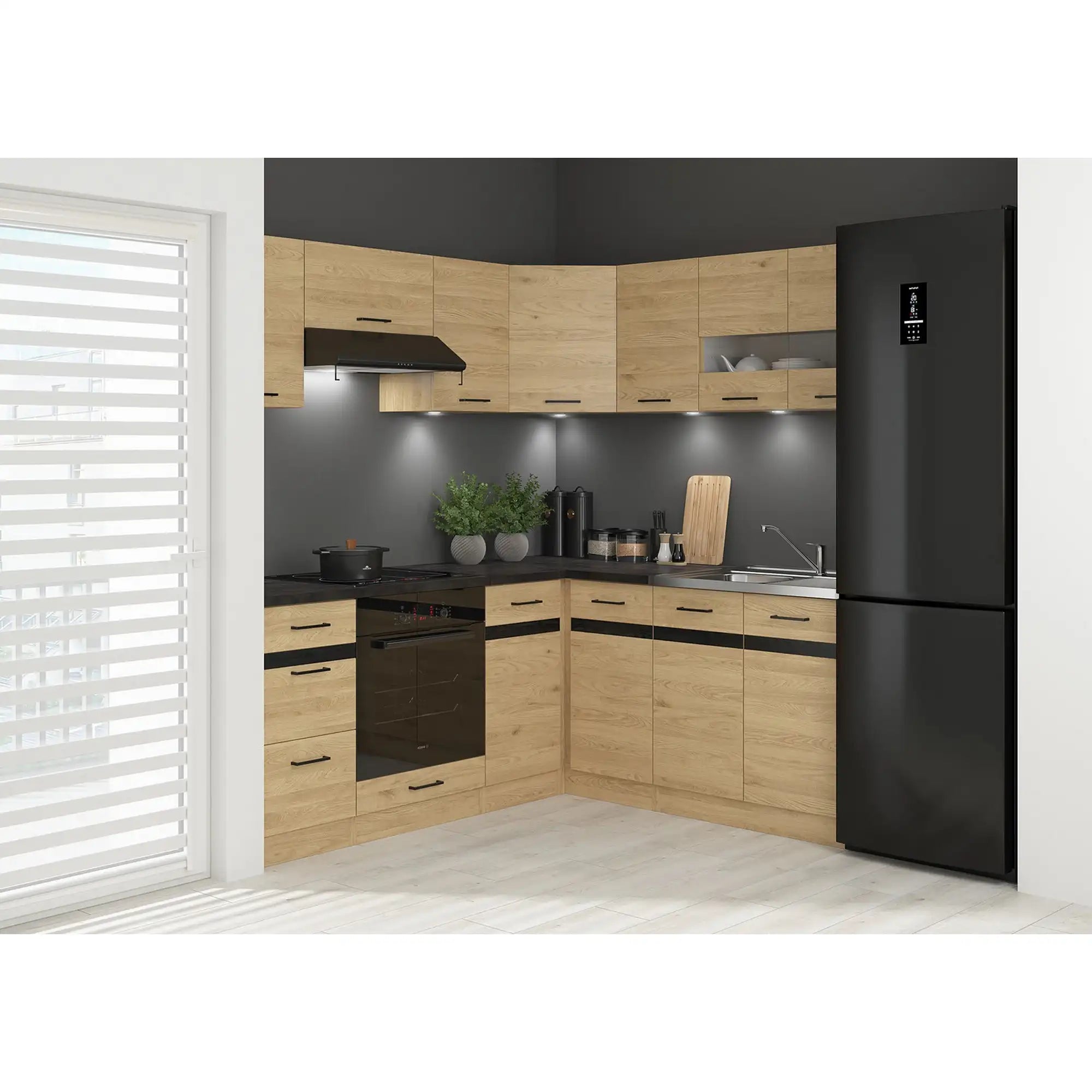 Set bucatarie JUNONA LINE, stejar, PAL, 180x200 cm, stanga, cu blat negru