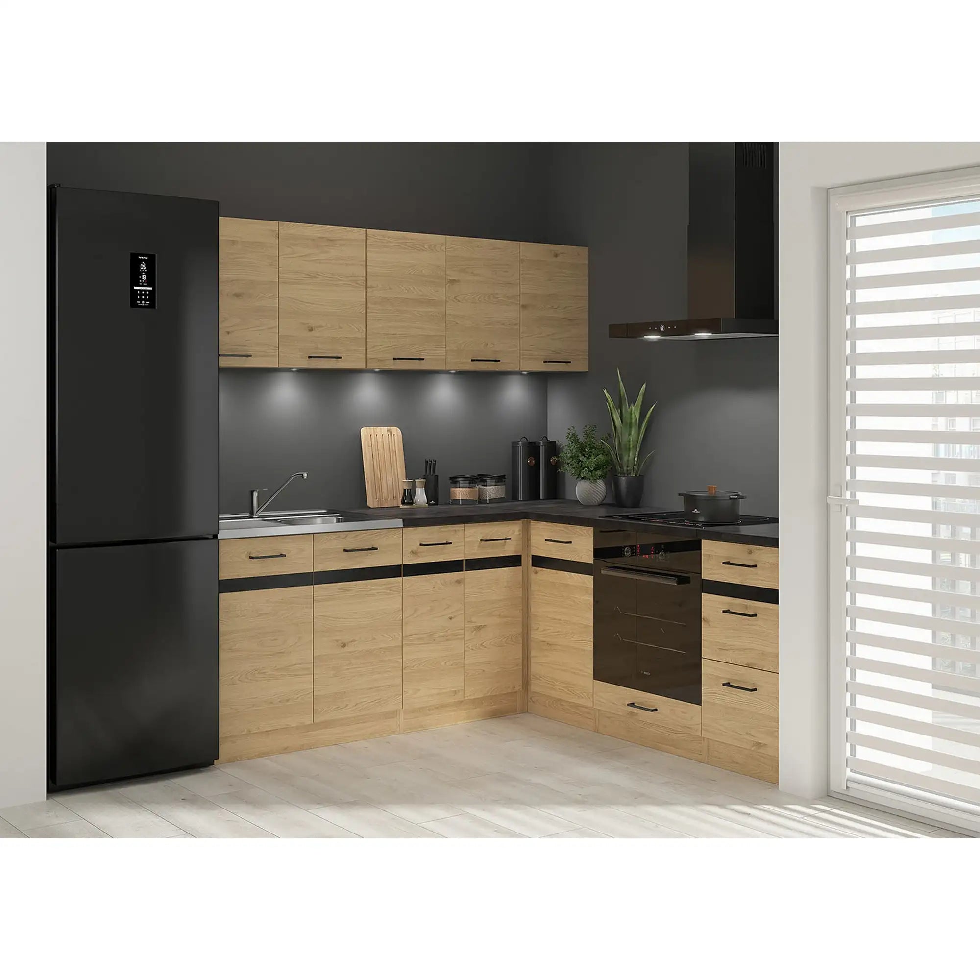 Set bucatarie JUNONA LINE, stejar, PAL, 200x200 cm, stanga, cu blat negru