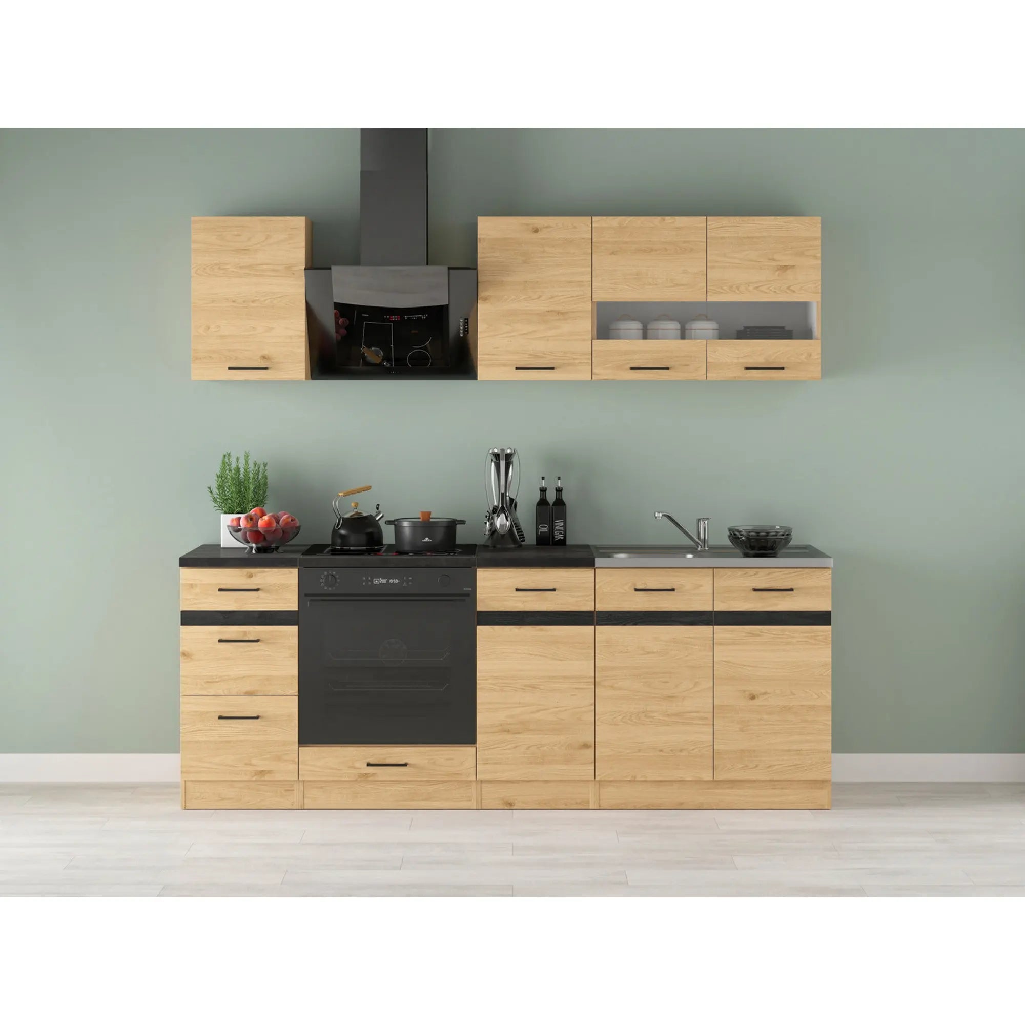 Set bucatarie JUNONA LINE, stejar, PAL, 220 cm, cu blat negru