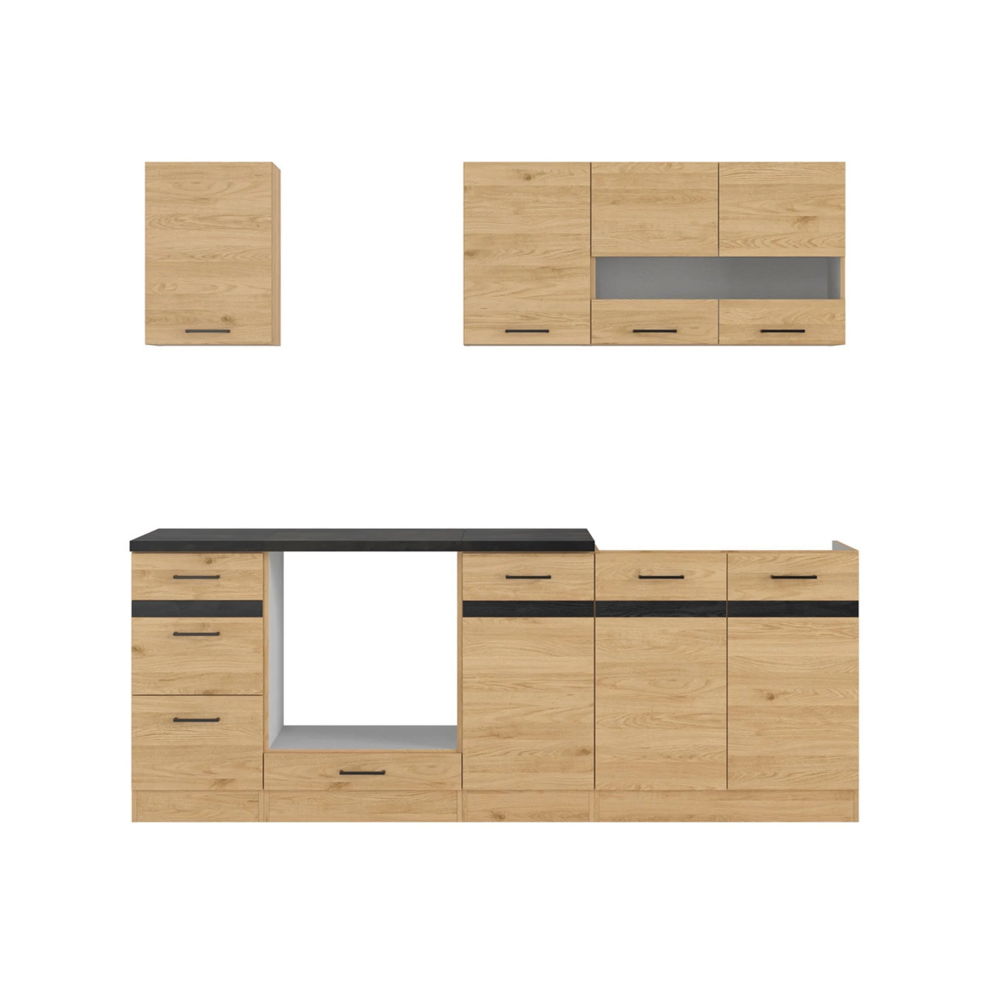 Set bucatarie JUNONA LINE, stejar, PAL, 220 cm, cu blat negru