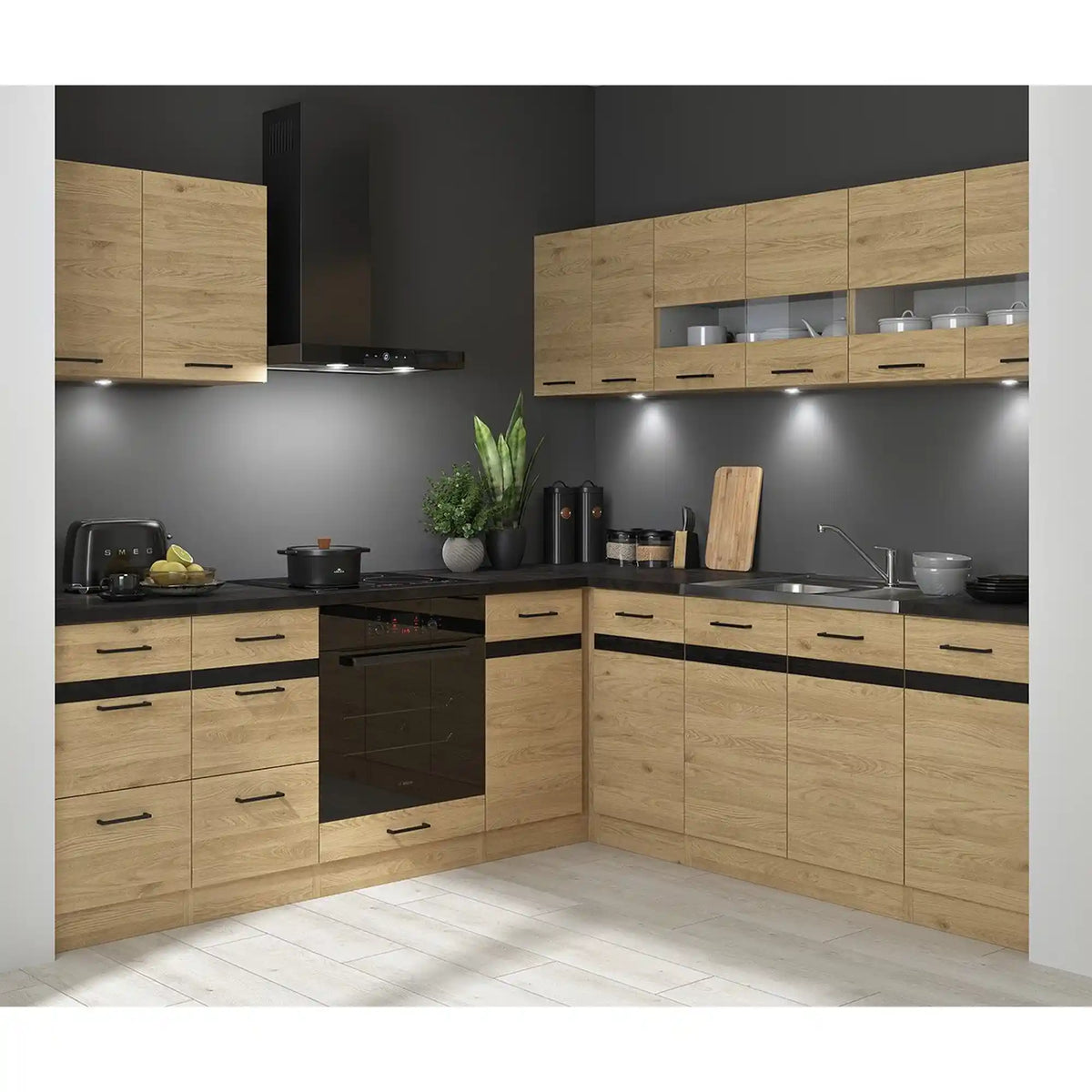 Set bucatarie JUNONA LINE, stejar, PAL, 220x240 cm, dreapta, cu blat negru
