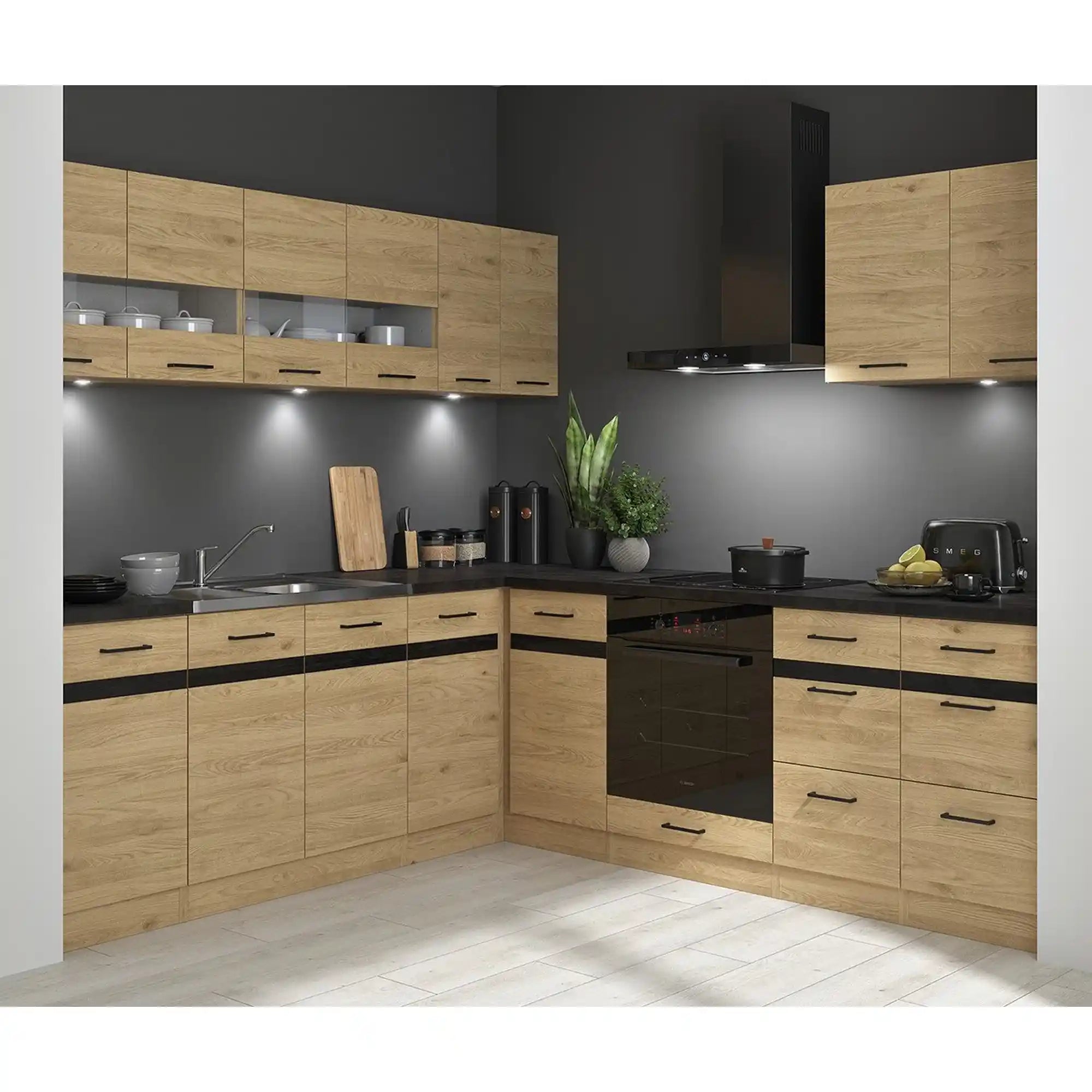 Set bucatarie JUNONA LINE, stejar, PAL, 220x240 cm, stanga, cu blat negru