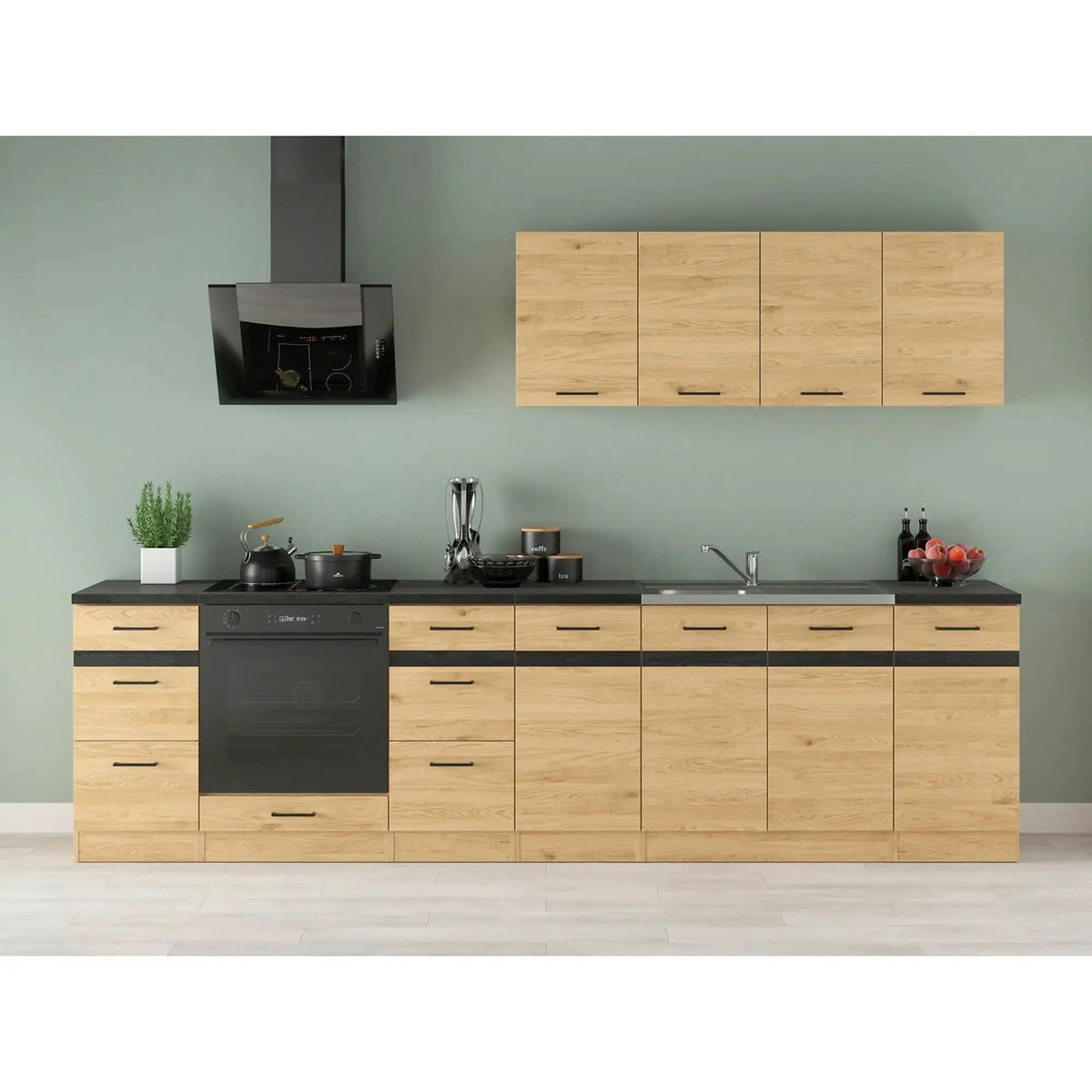 Set bucatarie JUNONA LINE, stejar, PAL, 300 cm, cu blat negru