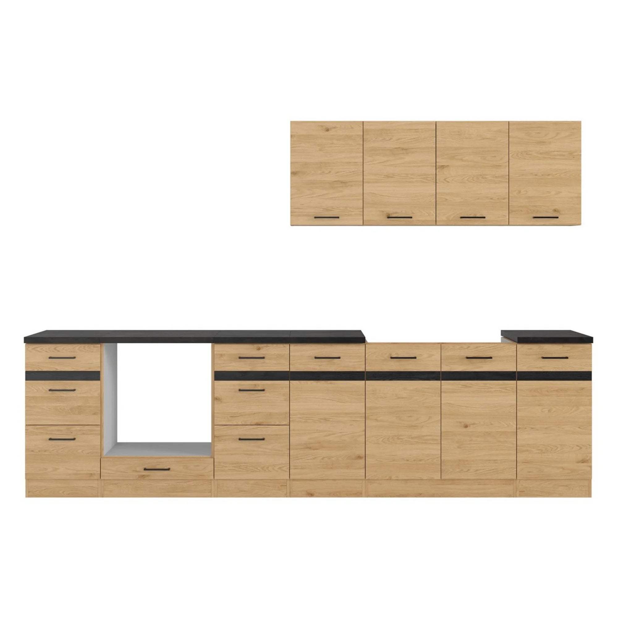 Set bucatarie JUNONA LINE, stejar, PAL, 300 cm, cu blat negru