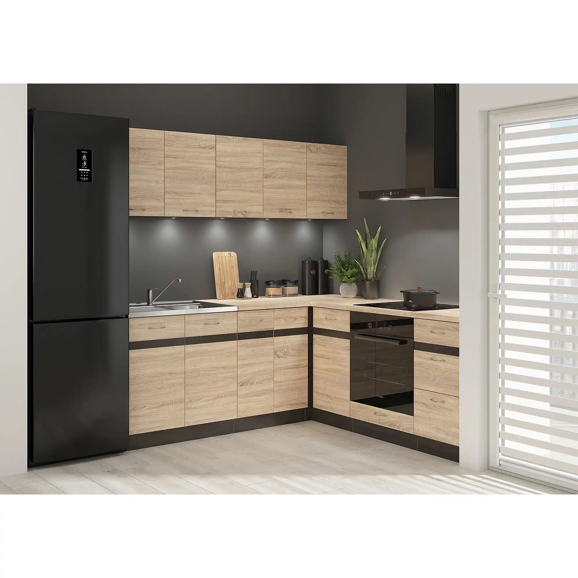 Set bucatarie JUNONA LINE, stejar sonoma/wenge, PAL, 200x200 cm, stanga, cu blat stejar sonoma