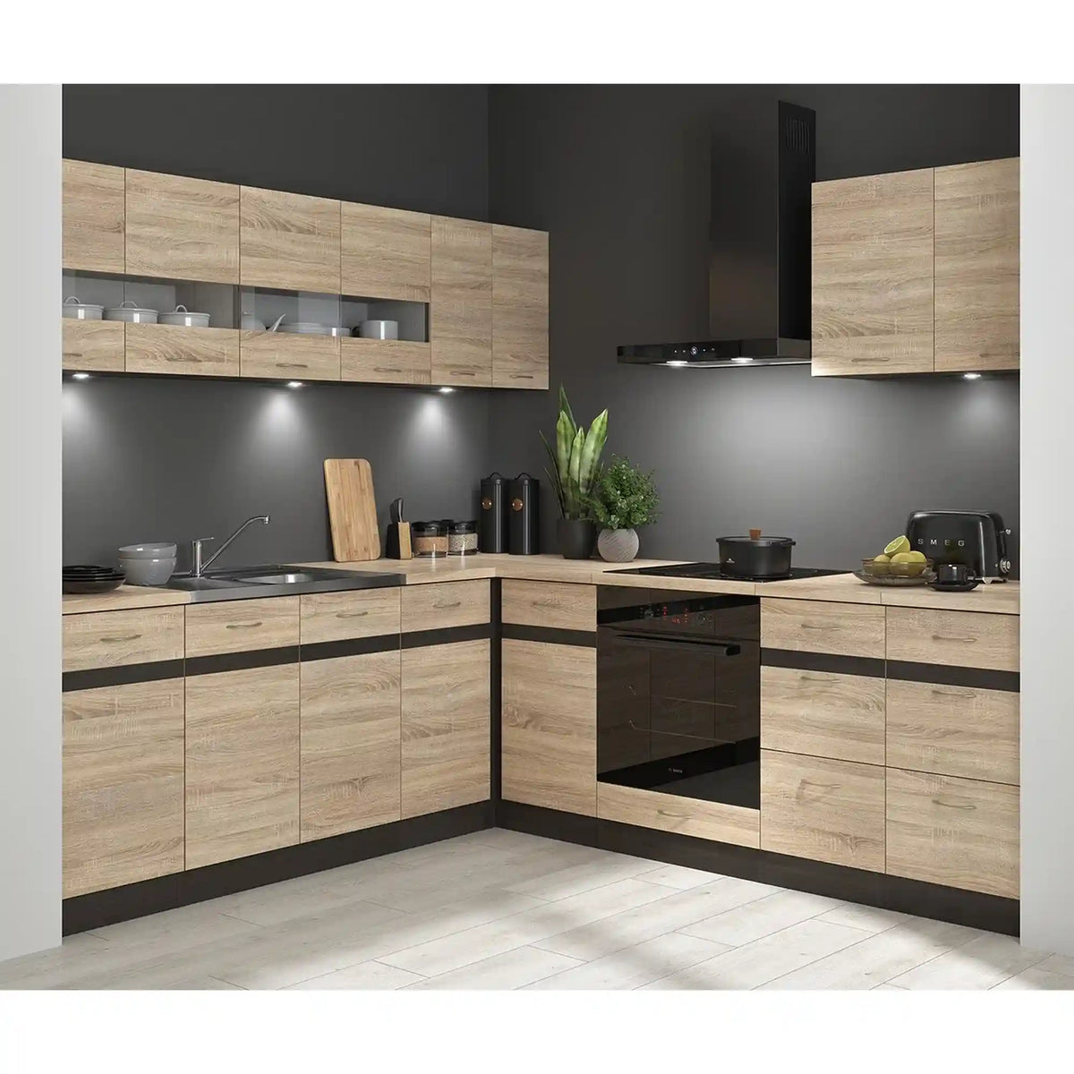 Mobila bucatarie in colt JUNONA LINE, stejar sonoma/wenge, PAL, 220x240 cm, stanga, cu blat stejar sonoma