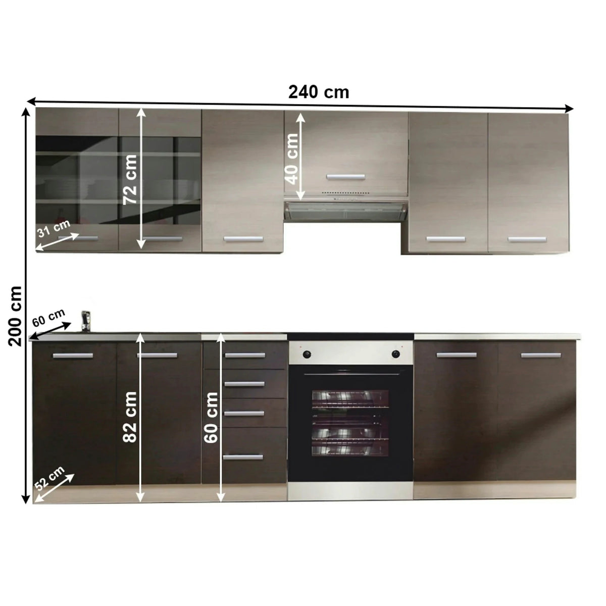 Set bucatarie KLANTON, stejar deschis/stejar inchis, PAL melaminat, 240 cm
