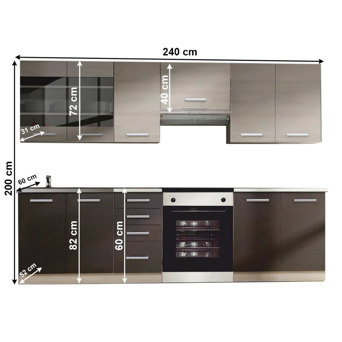 Set bucatarie KLANTON, stejar deschis/stejar inchis, PAL melaminat, 240 cm