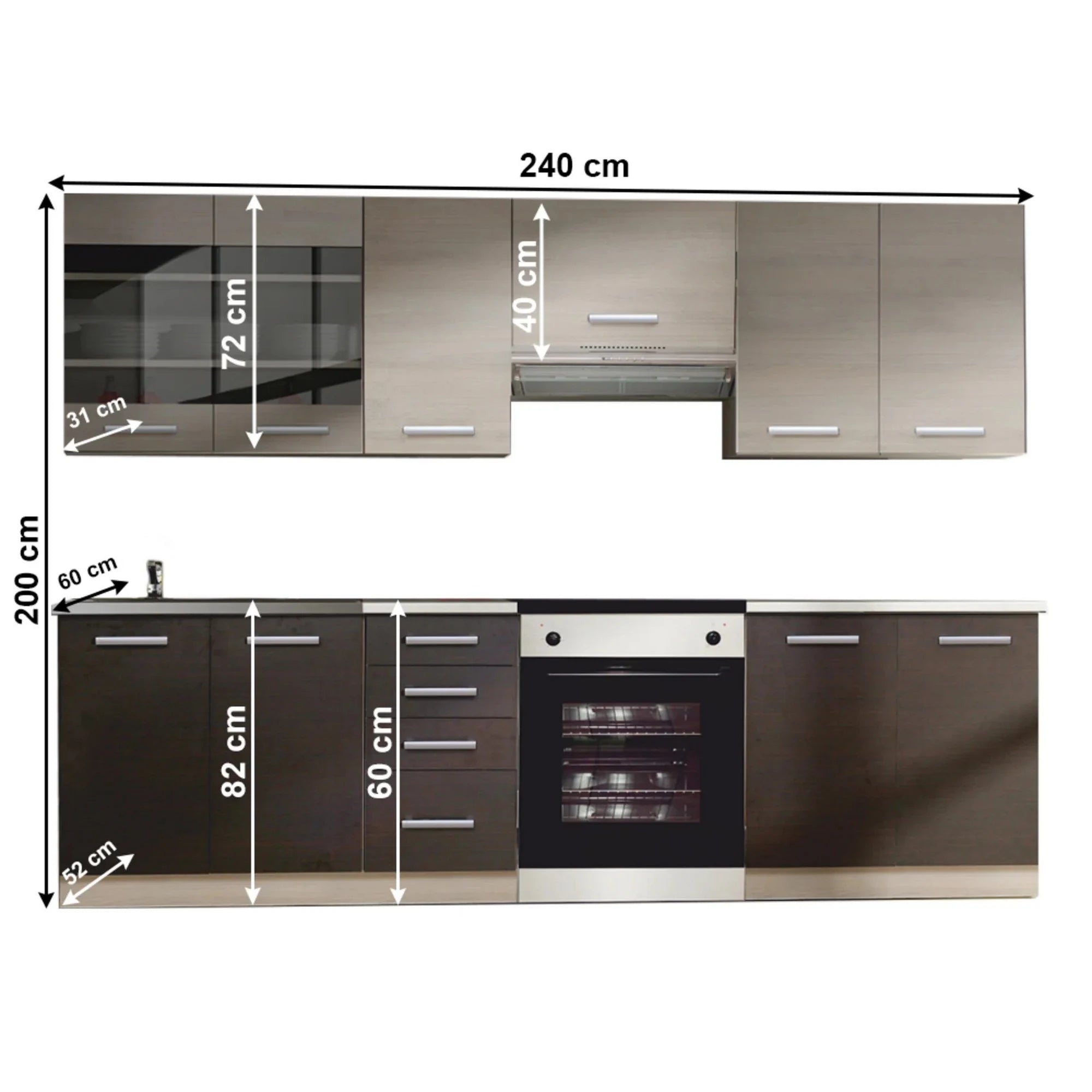 Set bucatarie KLANTON, stejar deschis/stejar inchis, PAL melaminat, 240 cm