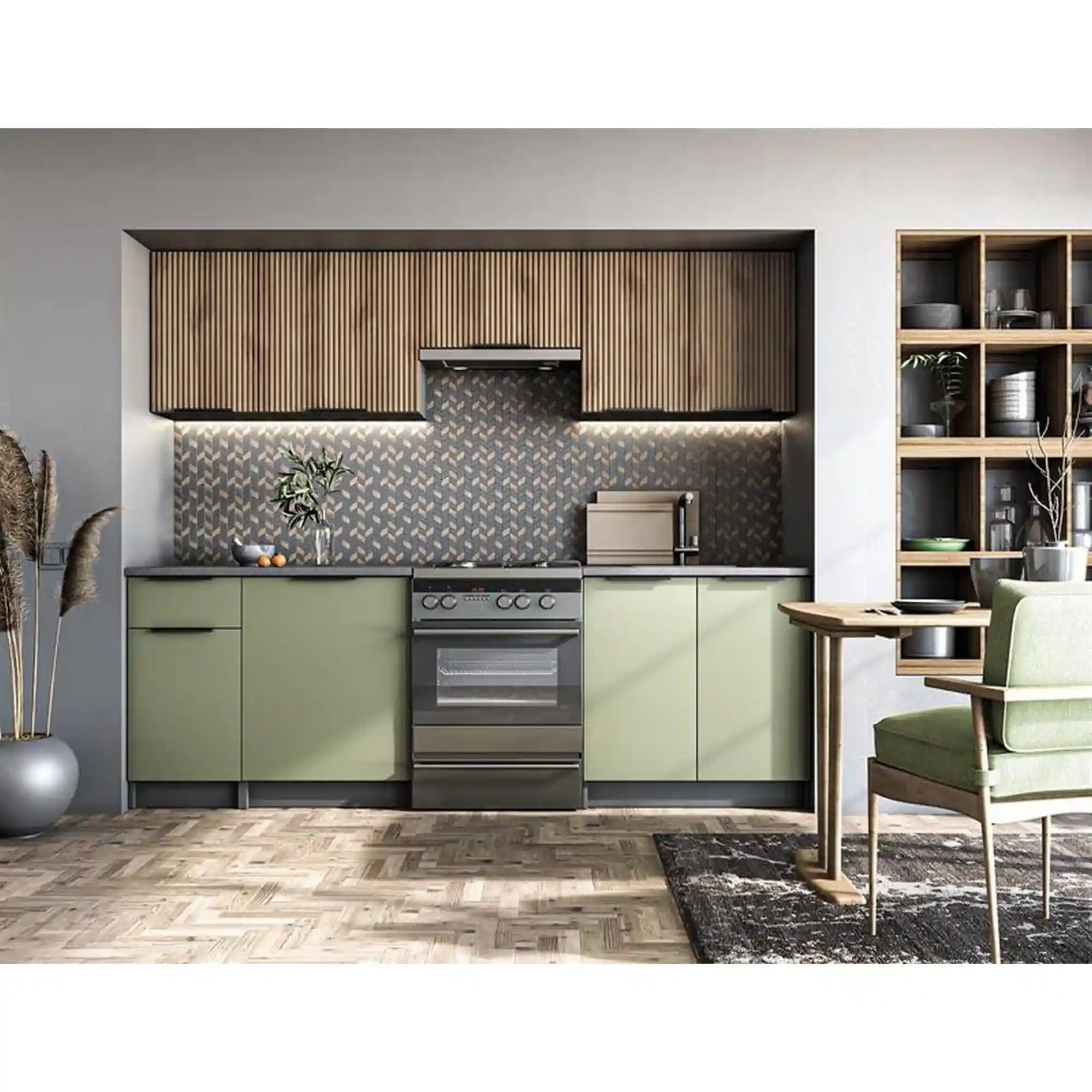 Set bucatarie KSENIA, nuc/verde/gri antracit, 240 cm