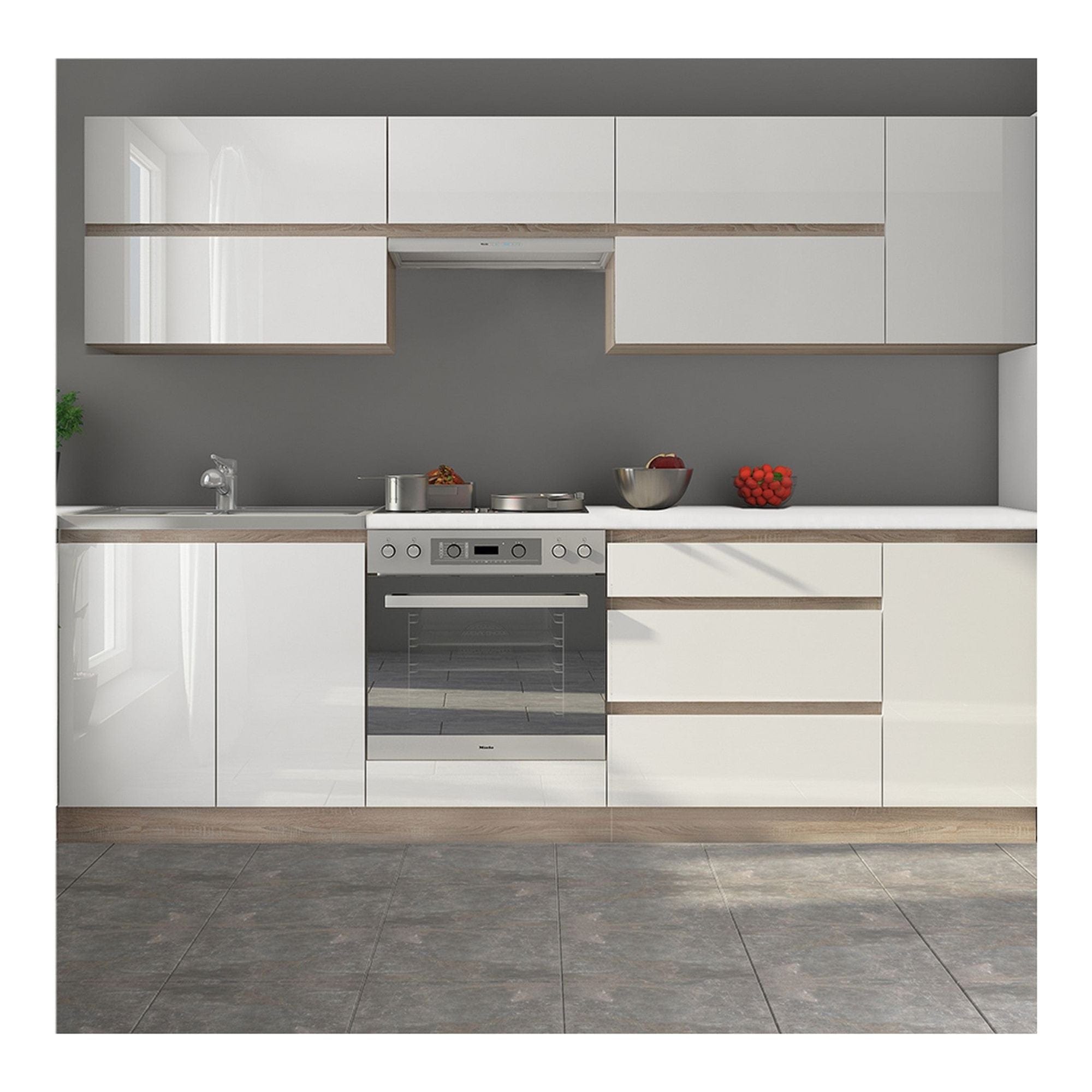 Set bucatarie LINE, alb lucios, PAL laminat, 260 cm