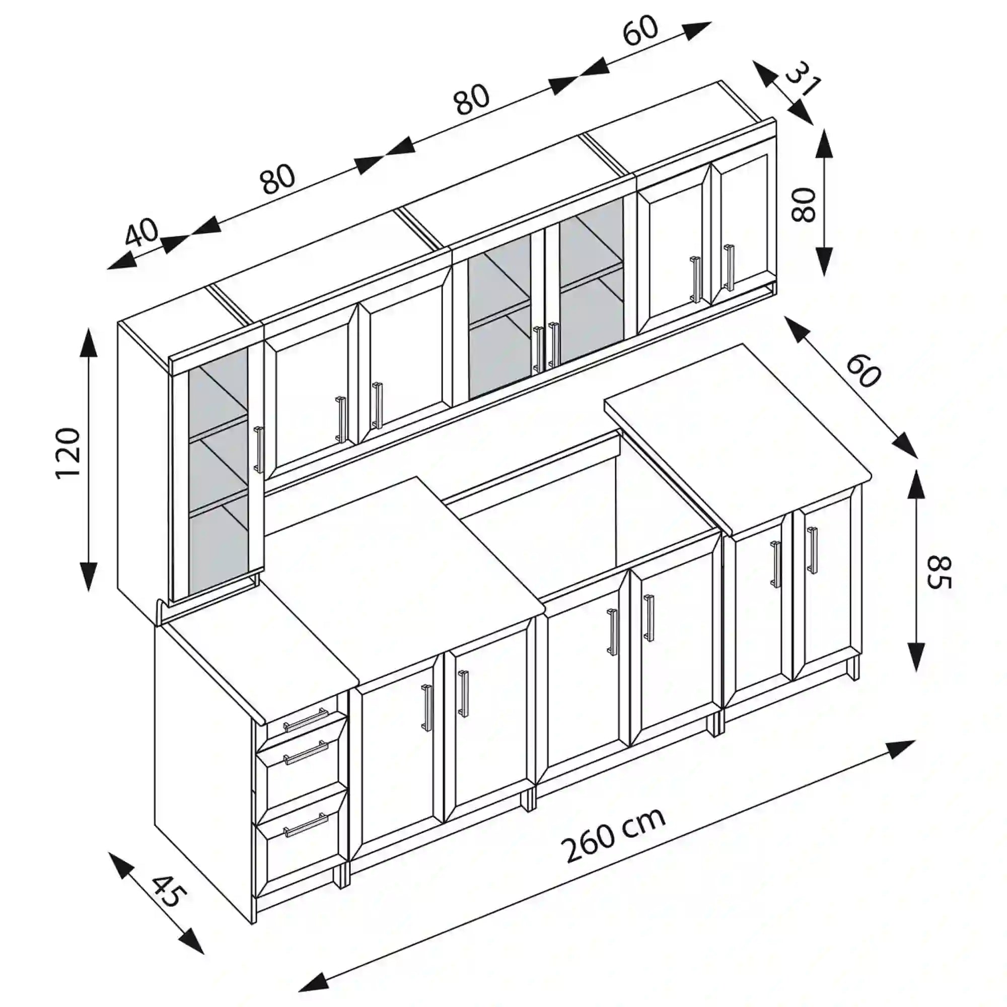 Set bucatarie MARGARET III, nuc, PAL laminat, 260 cm