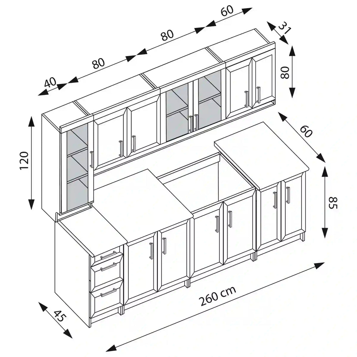 Set bucatarie MARGARET III, nuc, PAL laminat, 260 cm