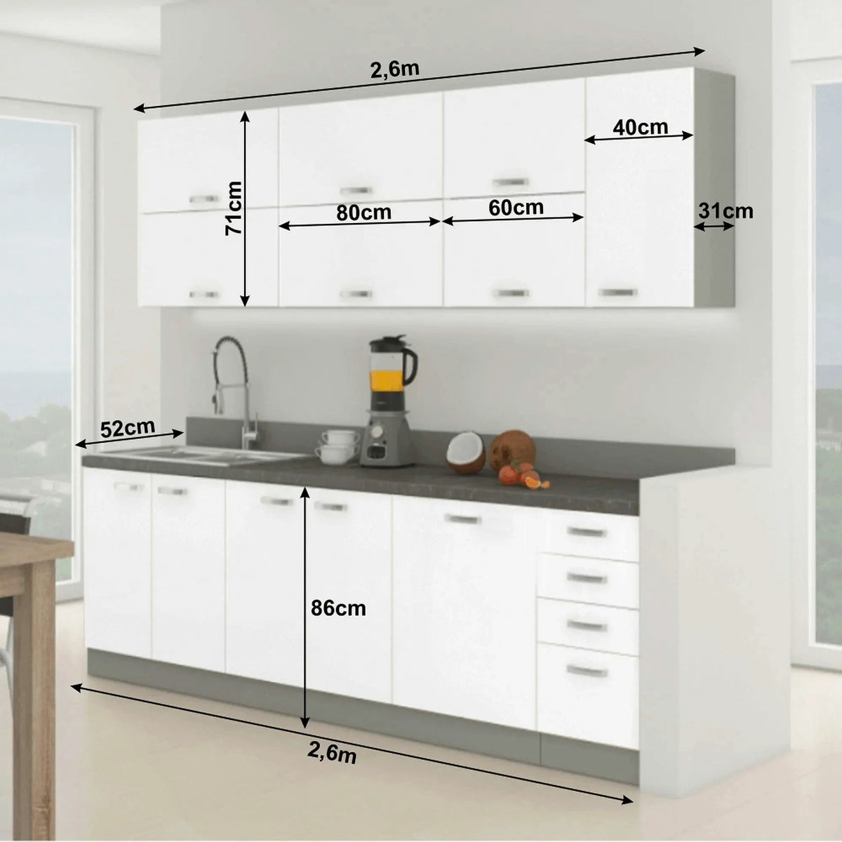 Set bucatarie PRADO, alb lucios/gri/gri cu efect de marmura, PAL melaminat, 260 cm