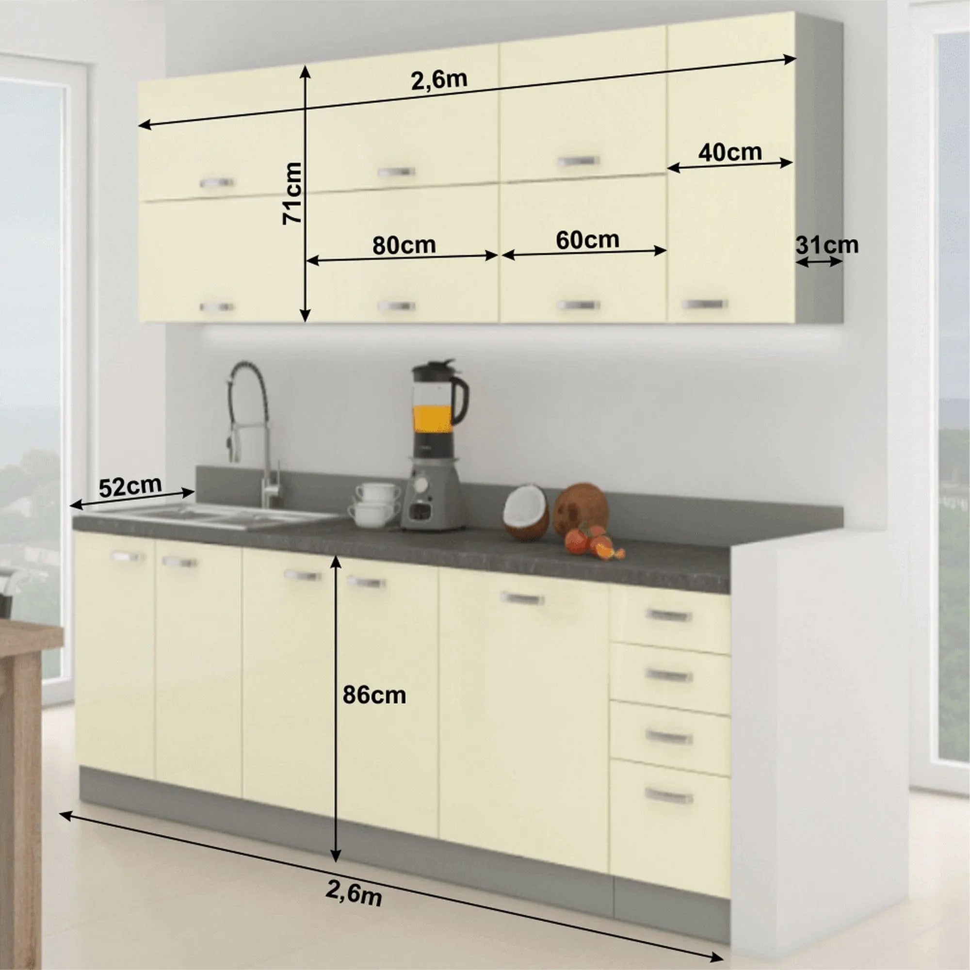 Set bucatarie PRADO, crem lucios/gri/gri cu efect de marmura, PAL laminat, 260 cm