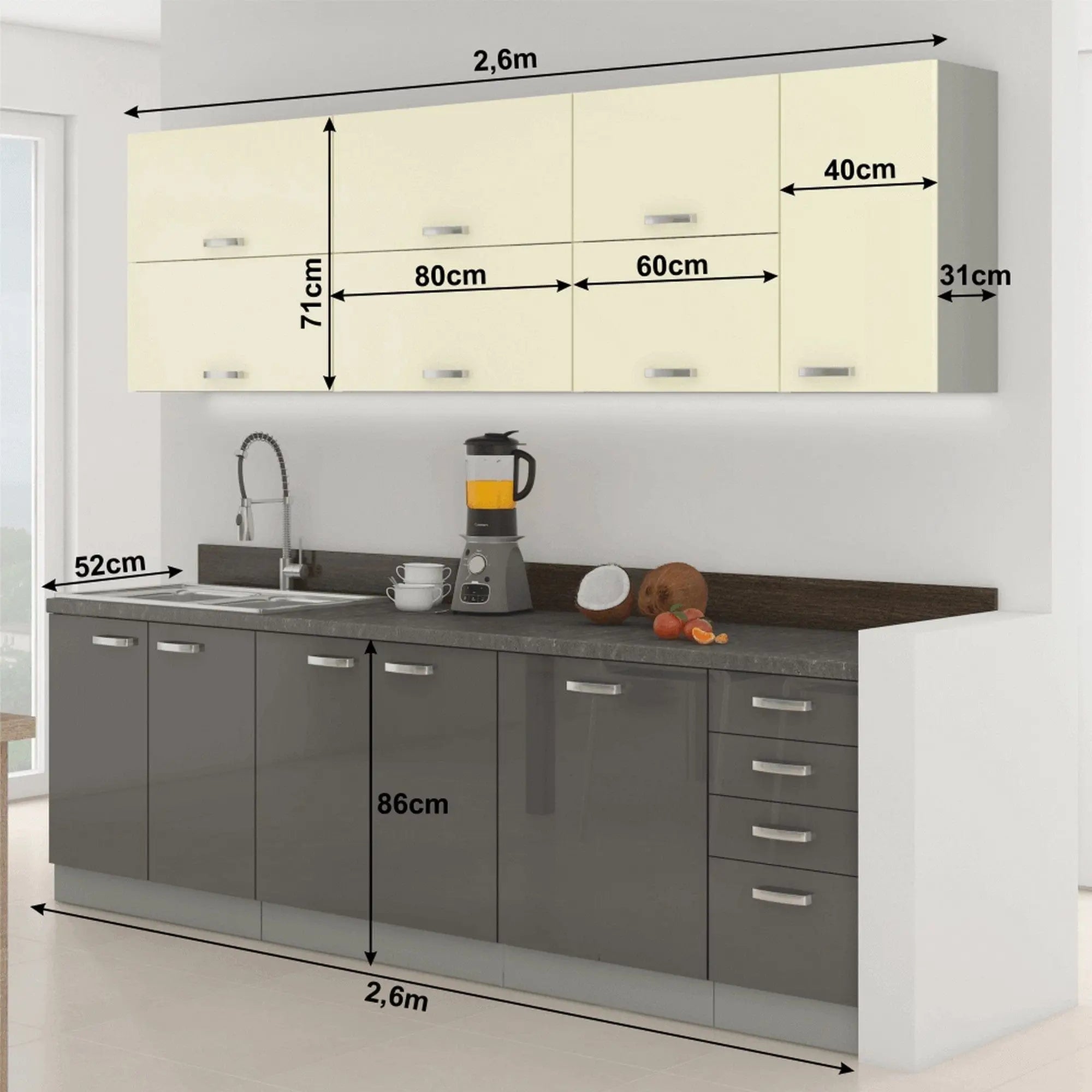 Set bucatarie PRADO, gri/crem/gri cu efect de marmura, PAL laminat, 260 cm
