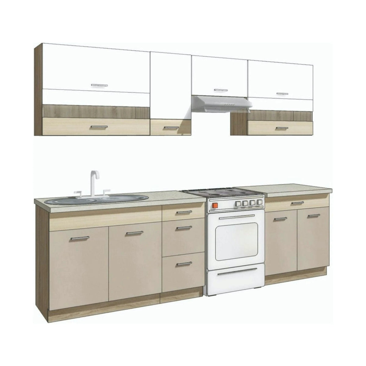 Set bucatarie PREMIO B PLUS, carcasa stejar sonoma/fronturi cappuccino si alb lucios, PAL, 270 cm, cu blatul trawertyn si plinta inclusa