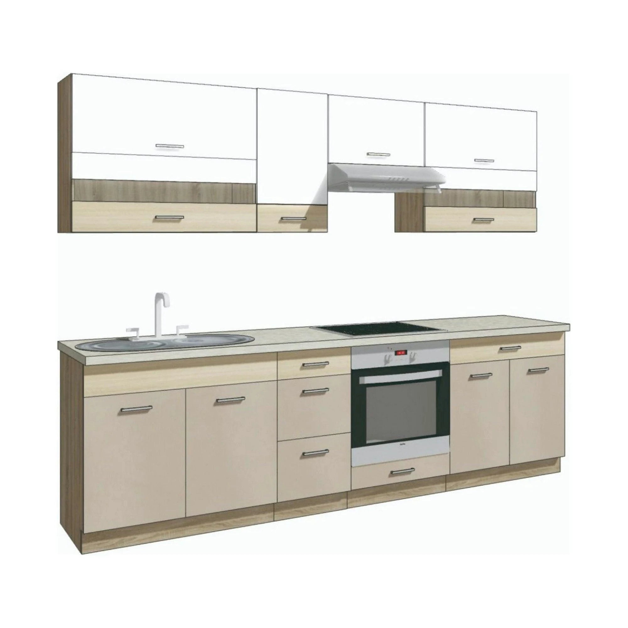 Set bucatarie PREMIO C PLUS, carcasa stejar sonoma/fronturi cappuccino si alb lucios, PAL, 260 cm, cu blatul bej cu efect de marmura si plinta inclusa
