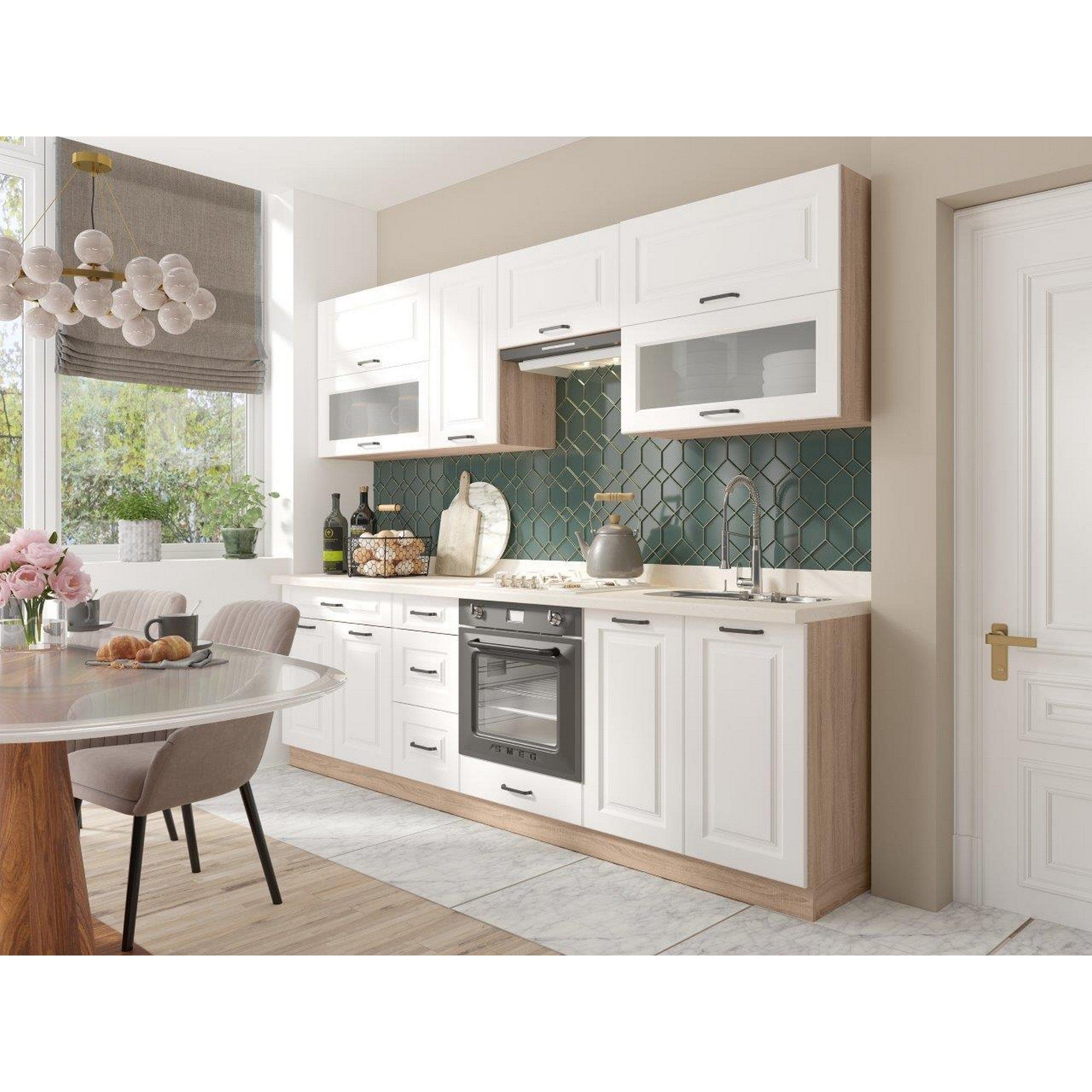 Set bucatarie SMART C PLUS, carcasa stejar sonoma/fronturi alb mat, PAL, 260 cm, cu blatul tawertyn, plinta superioara si inferioara incluse