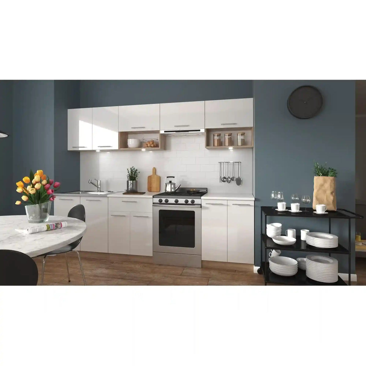 Set bucatarie VIOLA, stejar sonoma/alb/alb lucios, PAL, 260 cm