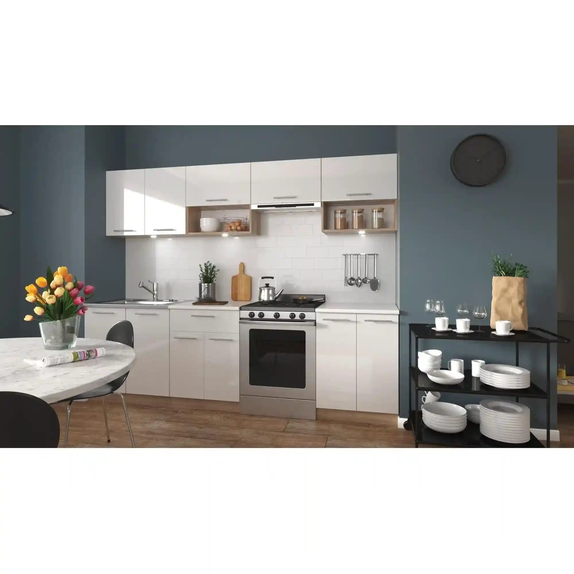 Set bucatarie VIOLA, stejar sonoma/alb/alb lucios, PAL, 260 cm