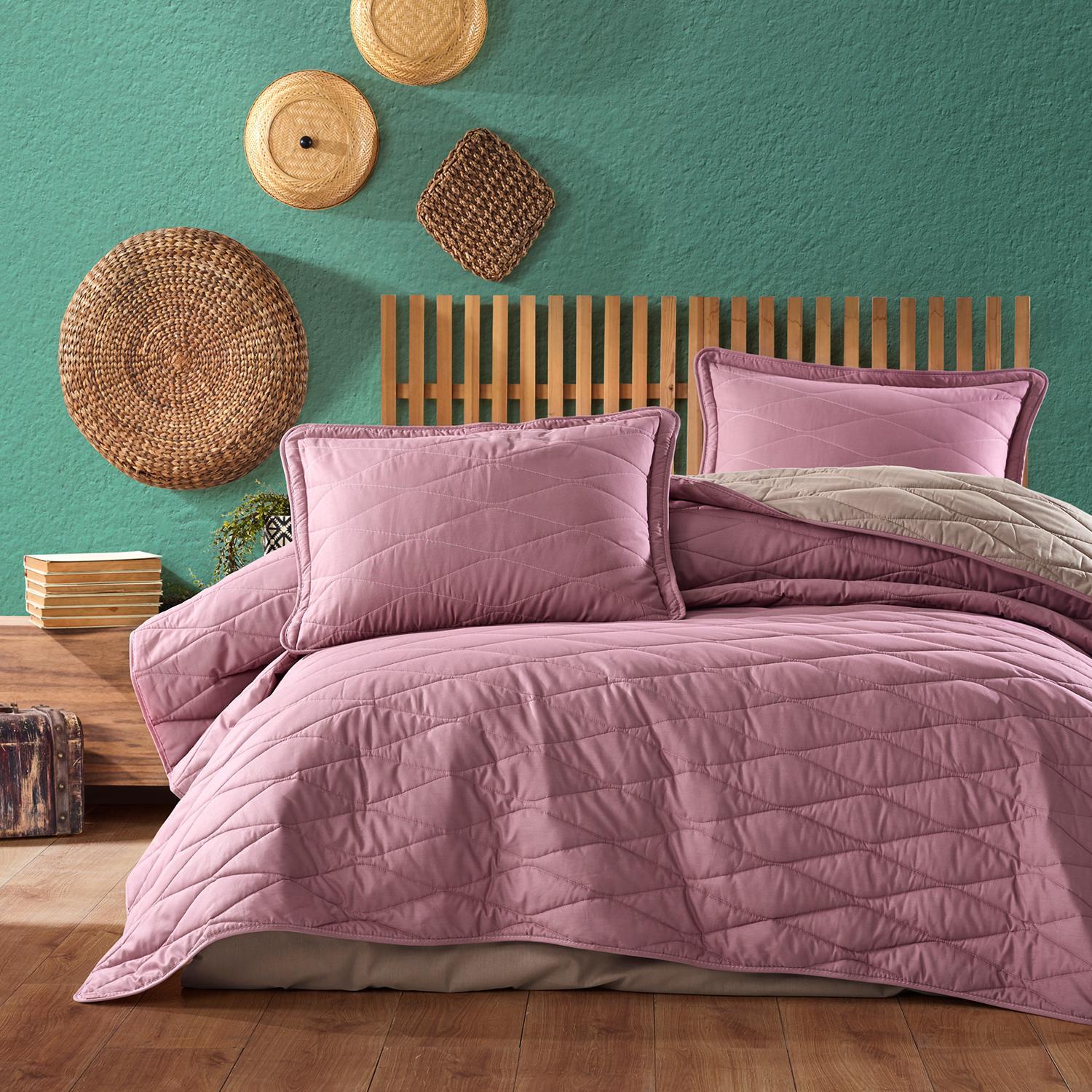 Set cuvertura matlasata pat dublu LORNA V4, roz, bumbac, 240x260 cm, cu 2 fete de perna