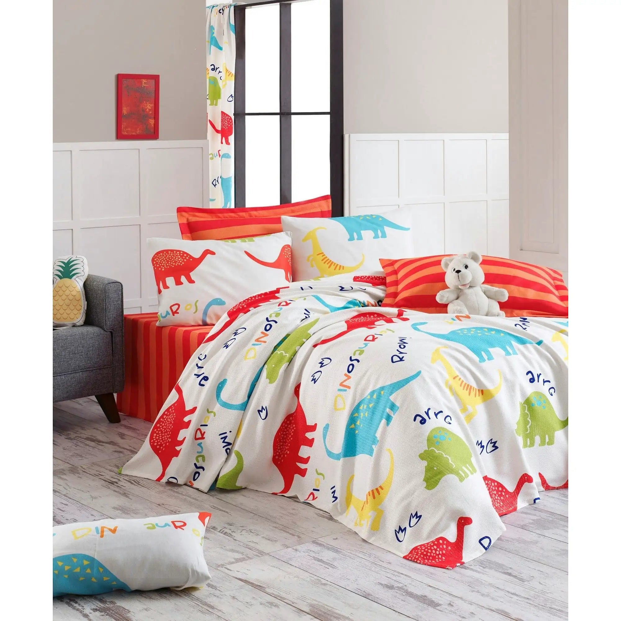 Set cuvertura pat dublu DINAZORUS, multicolor, bumbac, 200x235 cm, cu cearsaf si fata de perna