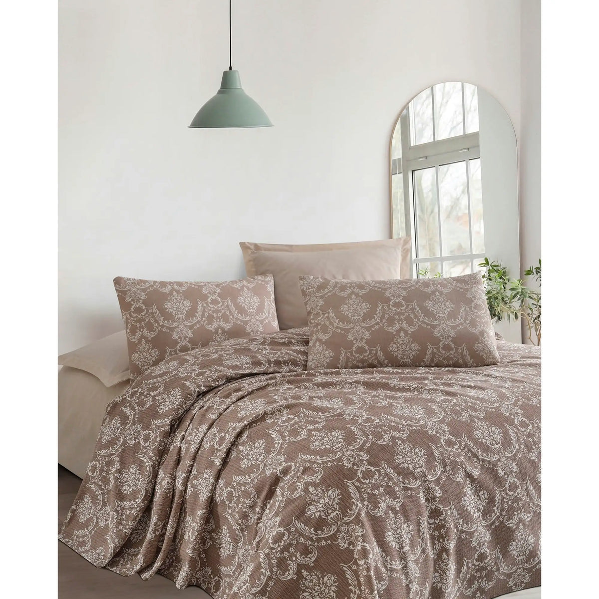 Set cuvertura pat dublu PURE, maro, bumbac, 200x230 cm, cu cearsaf si 2 fete de perna