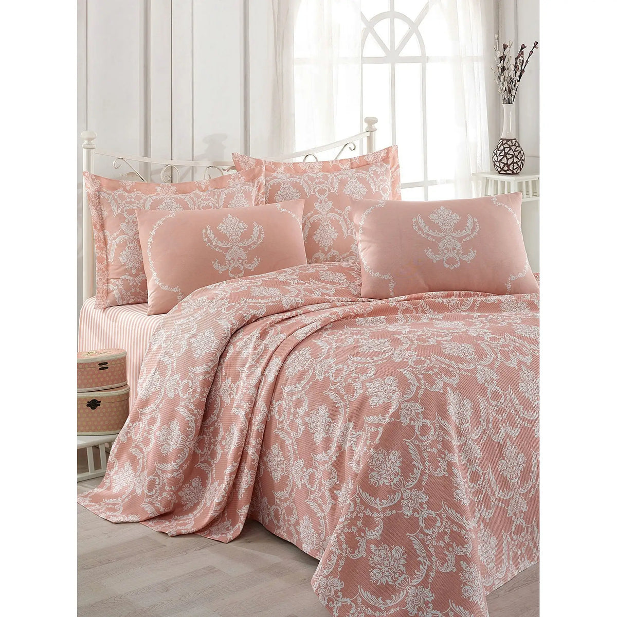 Set cuvertura pat PURE, roz/alb, bumbac, 160x235 cm, cu cearceaf si fata de perna