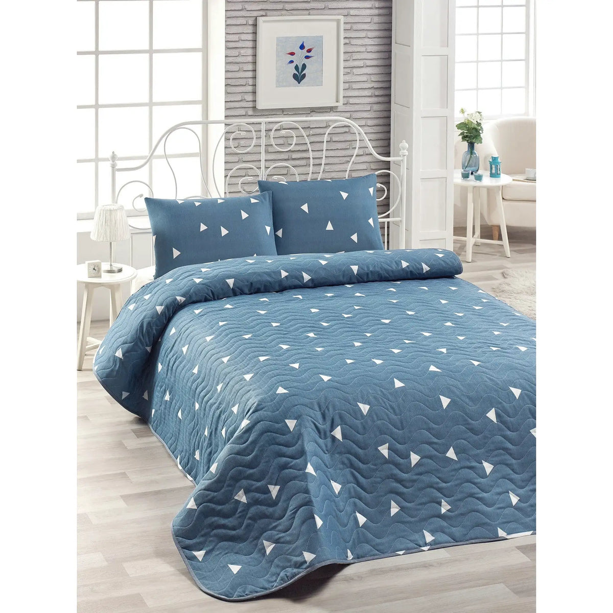 Set cuvertura pat UCGEN, albastru inchis, bumbac/poliester, 160x220 cm, cu fata de perna